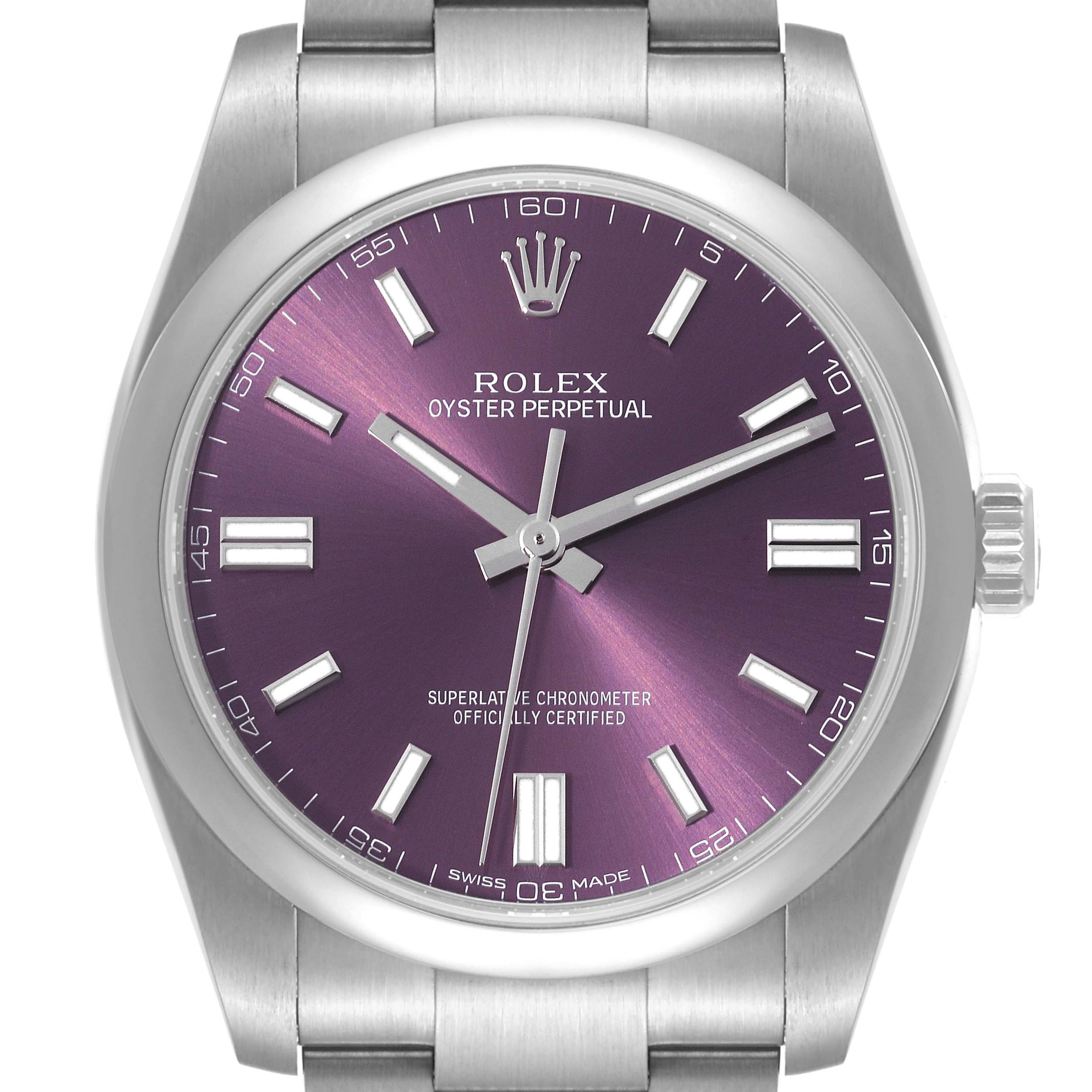 The image shows a front view of a Rolex Oyster Perpetual 116000 Men's Stainless Steel Purple Dial 116000 Men's Stainless Steel Purple Dial watch with a purple dial and a stainless steel band.