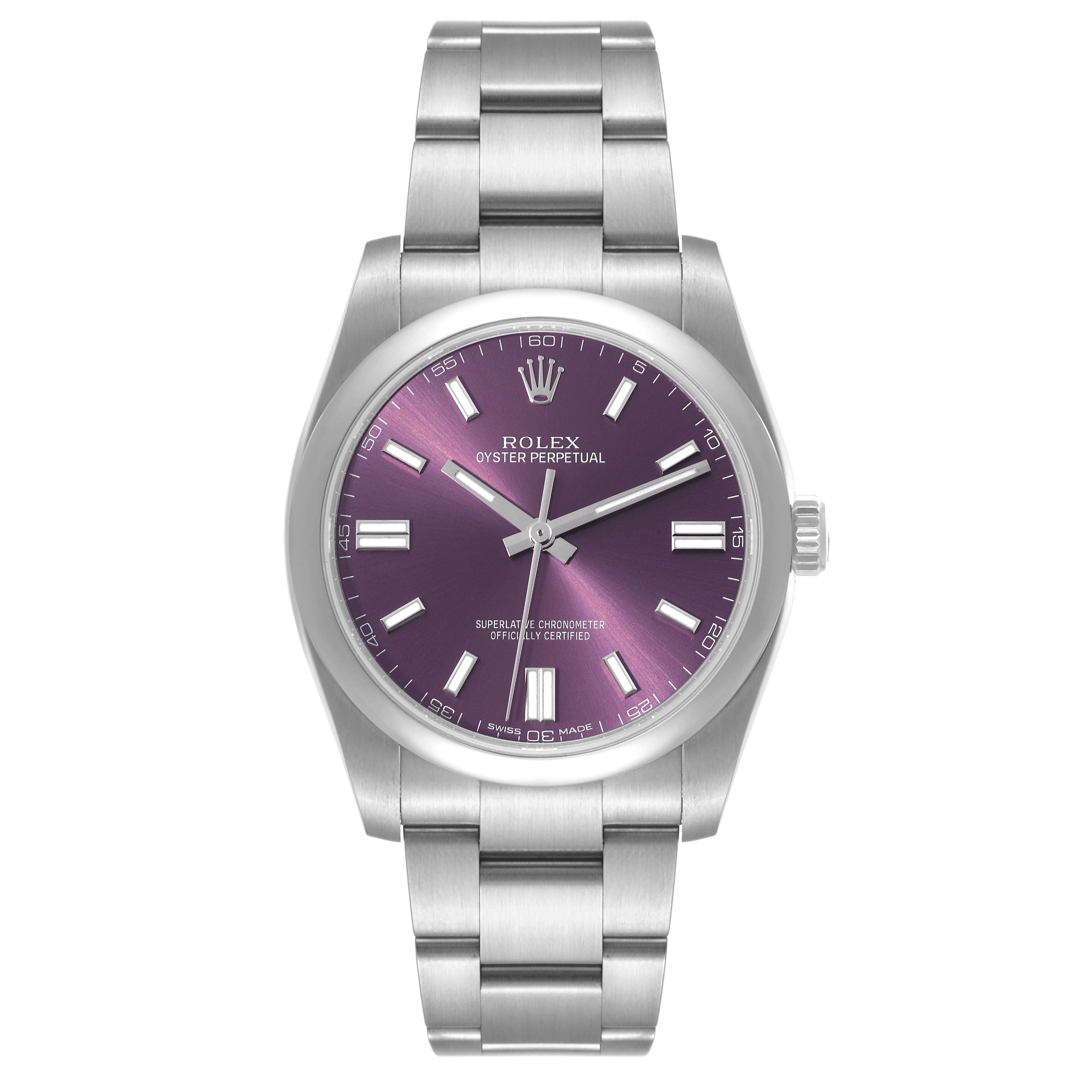 The image shows a frontal view of a Rolex Oyster Perpetual 116000 Men's Stainless Steel Purple Dial 116000 Men's Stainless Steel Purple Dial watch with a purple dial and a stainless steel bracelet.