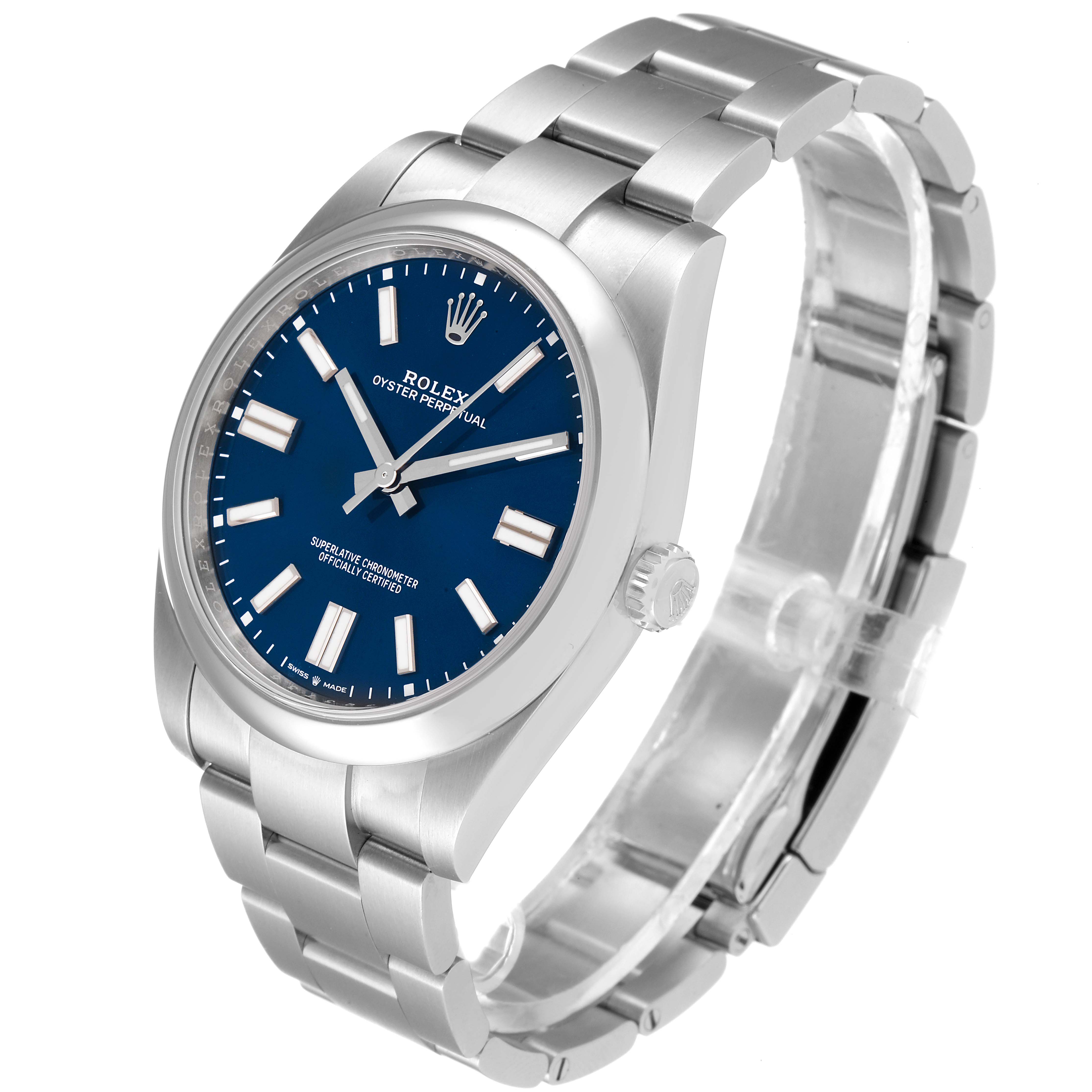 This image shows the Rolex Oyster Perpetual 124300 Men
s Stainless Steel Blue Dial 124300 Men
s Stainless Steel Blue Dial model watch from a three-quarter angle, highlighting its blue dial, stainless steel case, and bracelet.