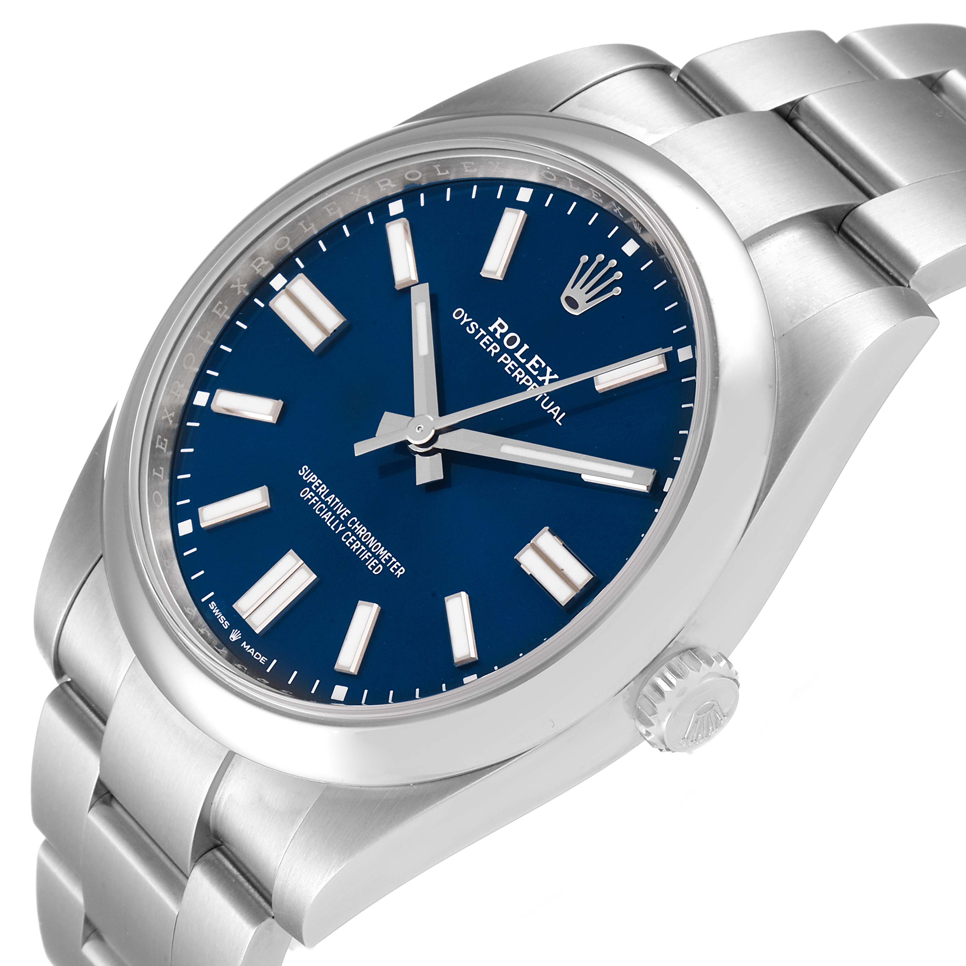 The image shows a close-up, angled view of a Rolex Oyster Perpetual 124300 Men
s Stainless Steel Blue Dial 124300 Men
s Stainless Steel Blue Dial watch, highlighting the blue dial and stainless steel bracelet.