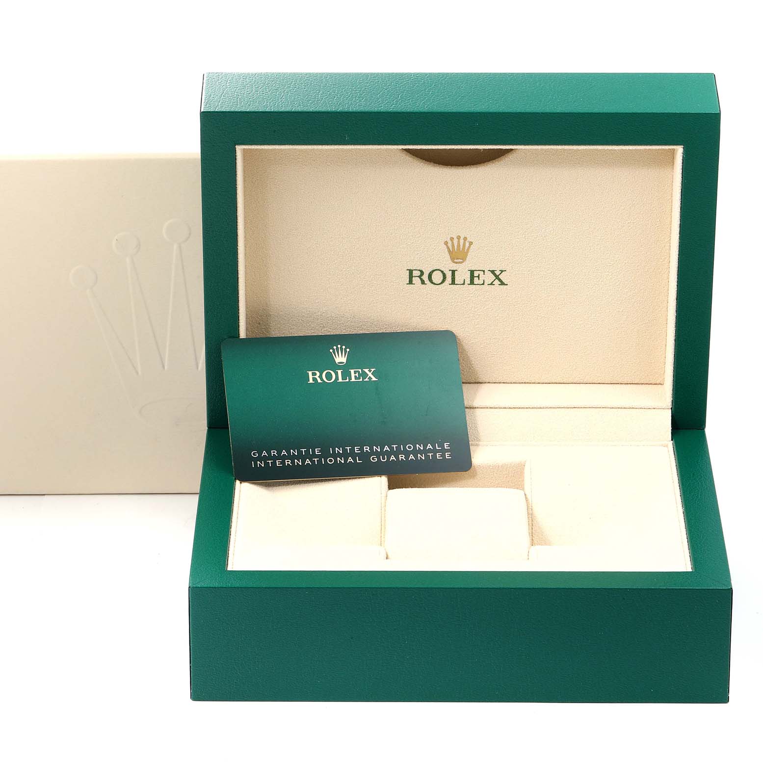 The image shows a green Rolex Oyster Perpetual 124300 Men
s Stainless Steel Blue Dial 124300 Men
s Stainless Steel Blue Dial watch box with an international guarantee card placed inside.