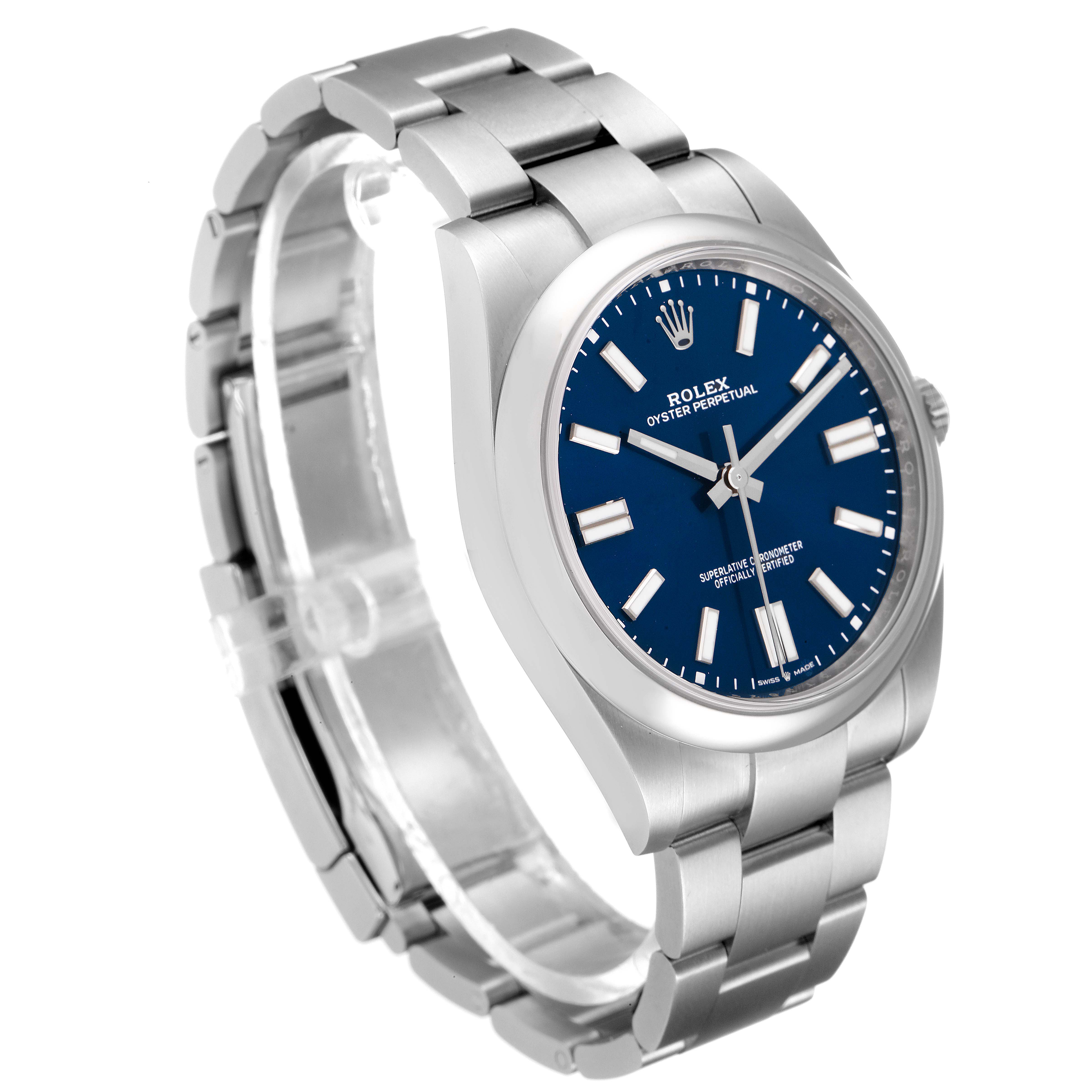 The image shows a Rolex Oyster Perpetual 124300 Men
s Stainless Steel Blue Dial 124300 Men
s Stainless Steel Blue Dial watch at an angled front view, highlighting its bracelet, blue dial, and casing.