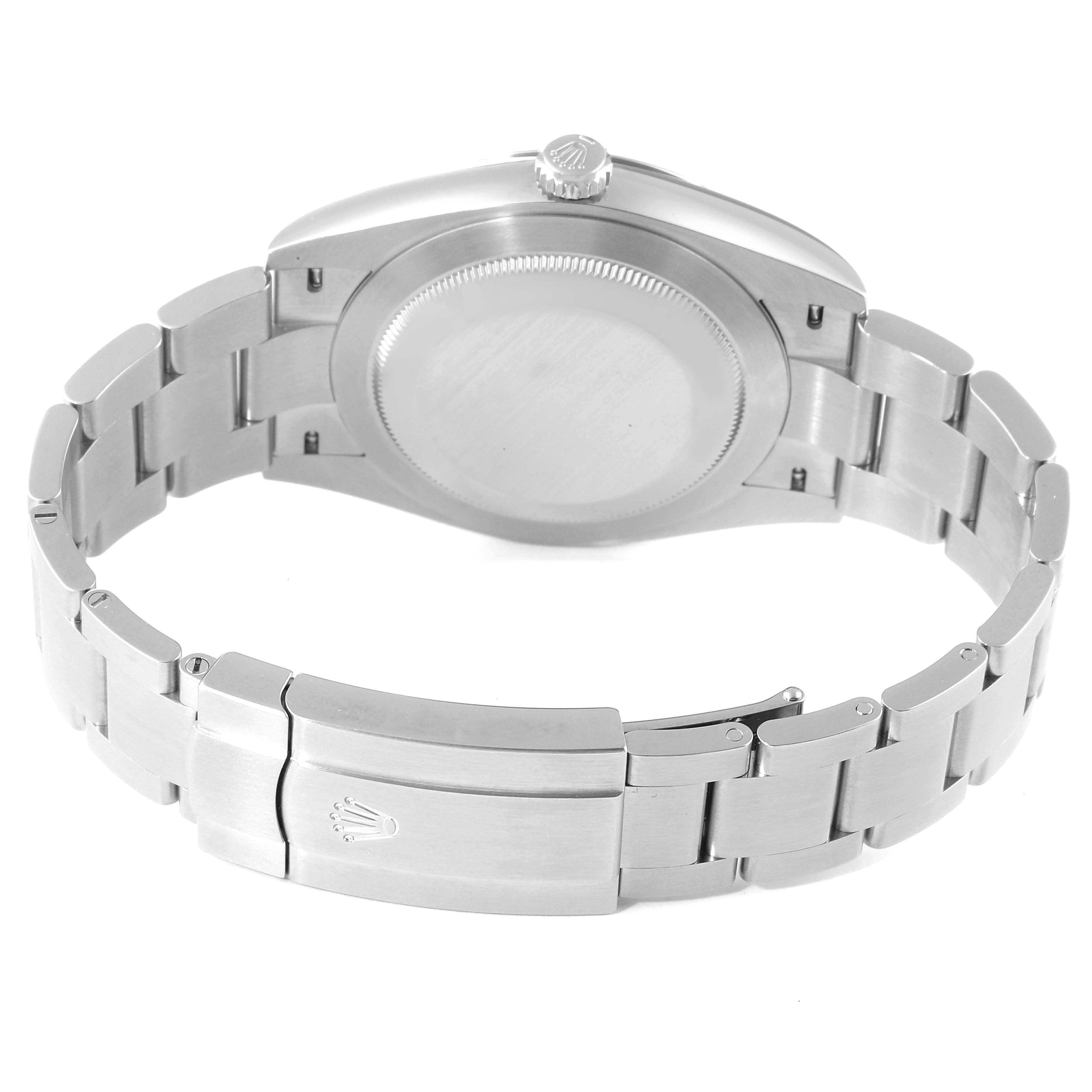 This image shows the back view of a Rolex Oyster Perpetual 124300 Men
s Stainless Steel Blue Dial 124300 Men
s Stainless Steel Blue Dial watch, highlighting the case back and stainless steel bracelet.