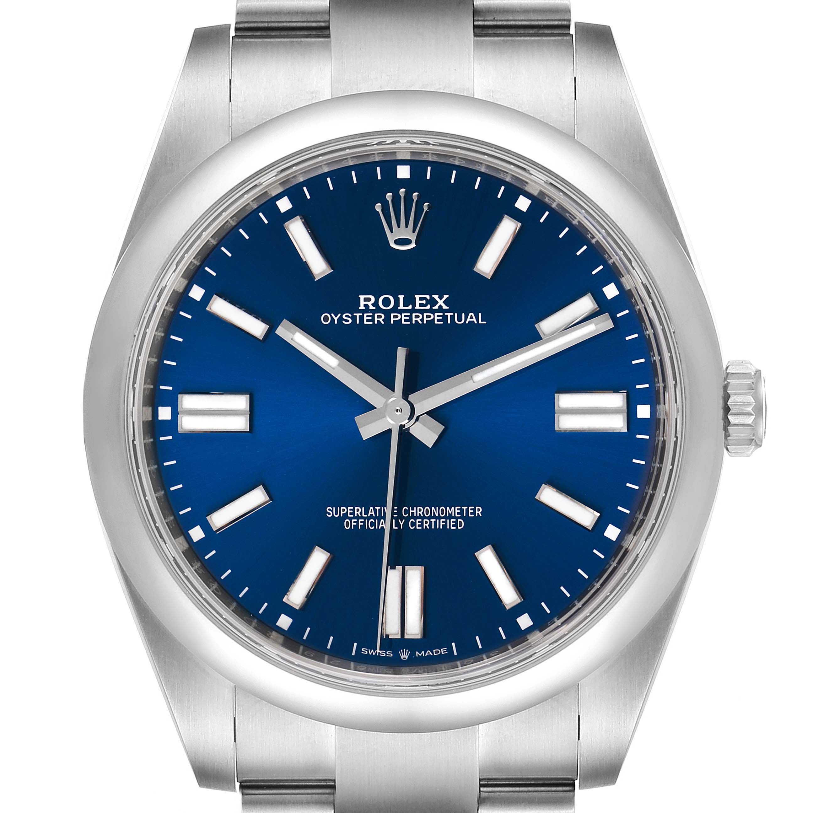 This is a head-on view of a Rolex Oyster Perpetual 124300 Men
s Stainless Steel Blue Dial 124300 Men
s Stainless Steel Blue Dial watch showing its blue dial, hour markers, hands, and part of the stainless steel bracelet.
