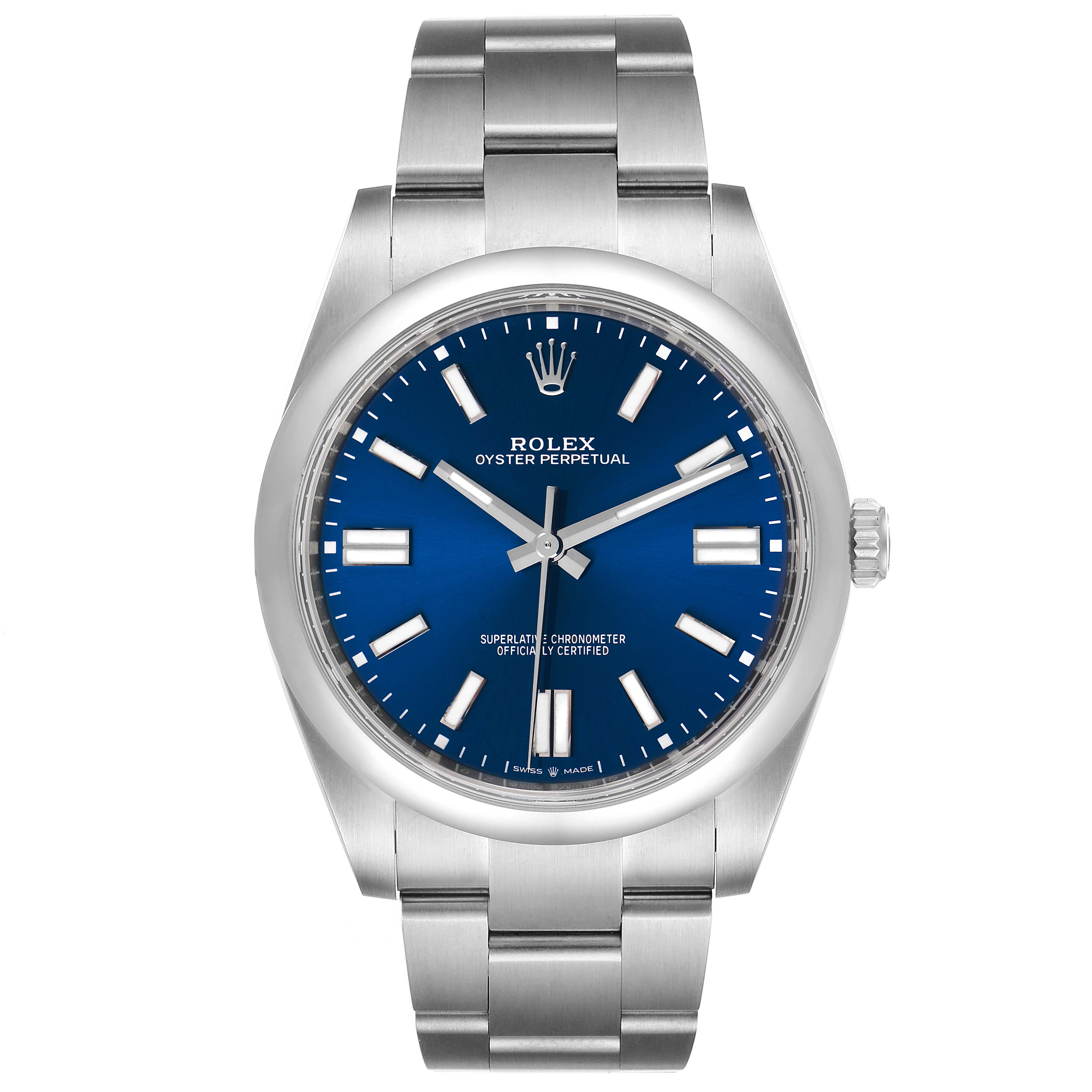 The image shows a front view of a Rolex Oyster Perpetual 124300 Men
s Stainless Steel Blue Dial 124300 Men
s Stainless Steel Blue Dial watch, highlighting its blue dial and stainless steel bracelet.