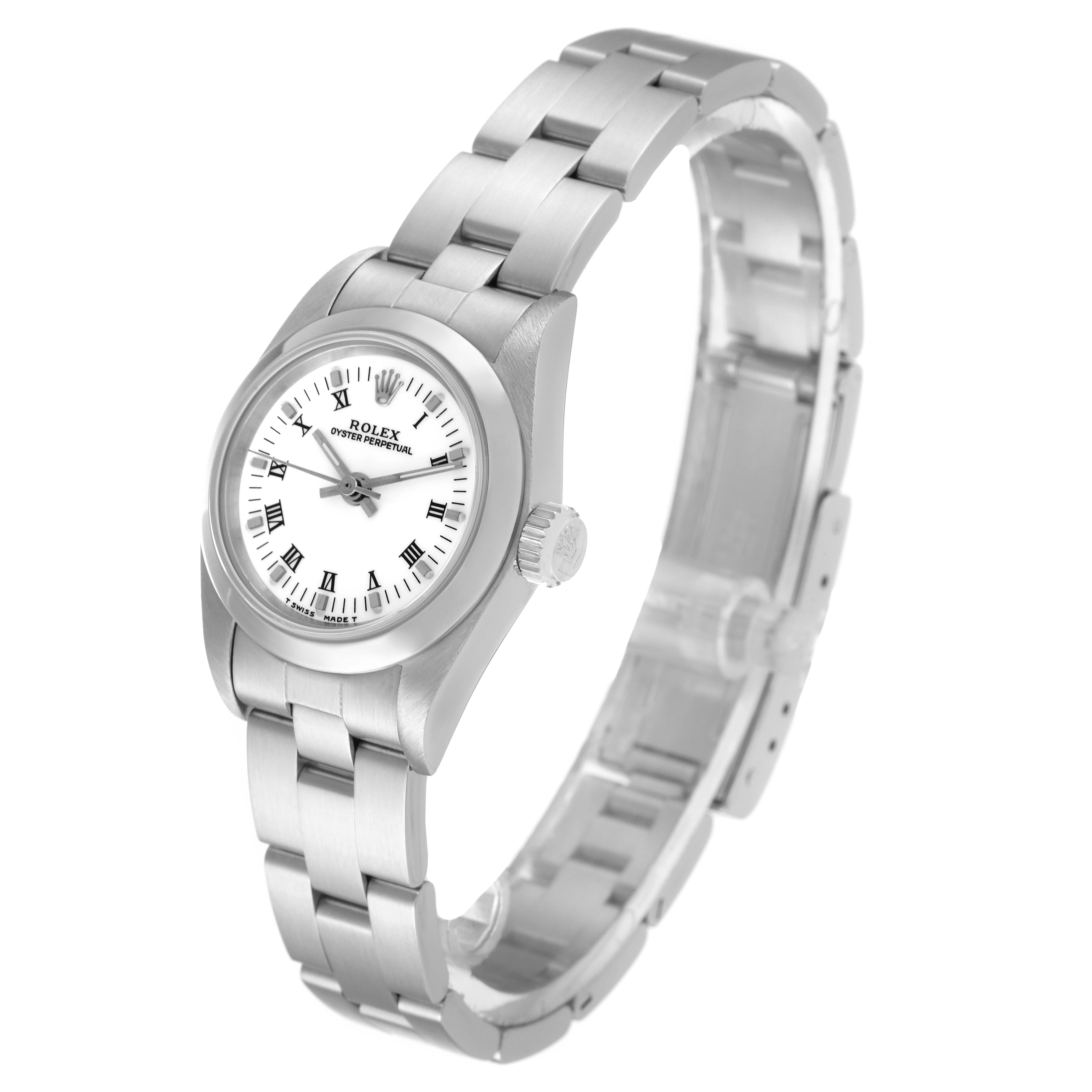 This image shows a Rolex Oyster Perpetual 67180 Women's Stainless Steel White Dial 67180 Women's Stainless Steel White Dial watch captured at an angle displaying the face, band, and crown.