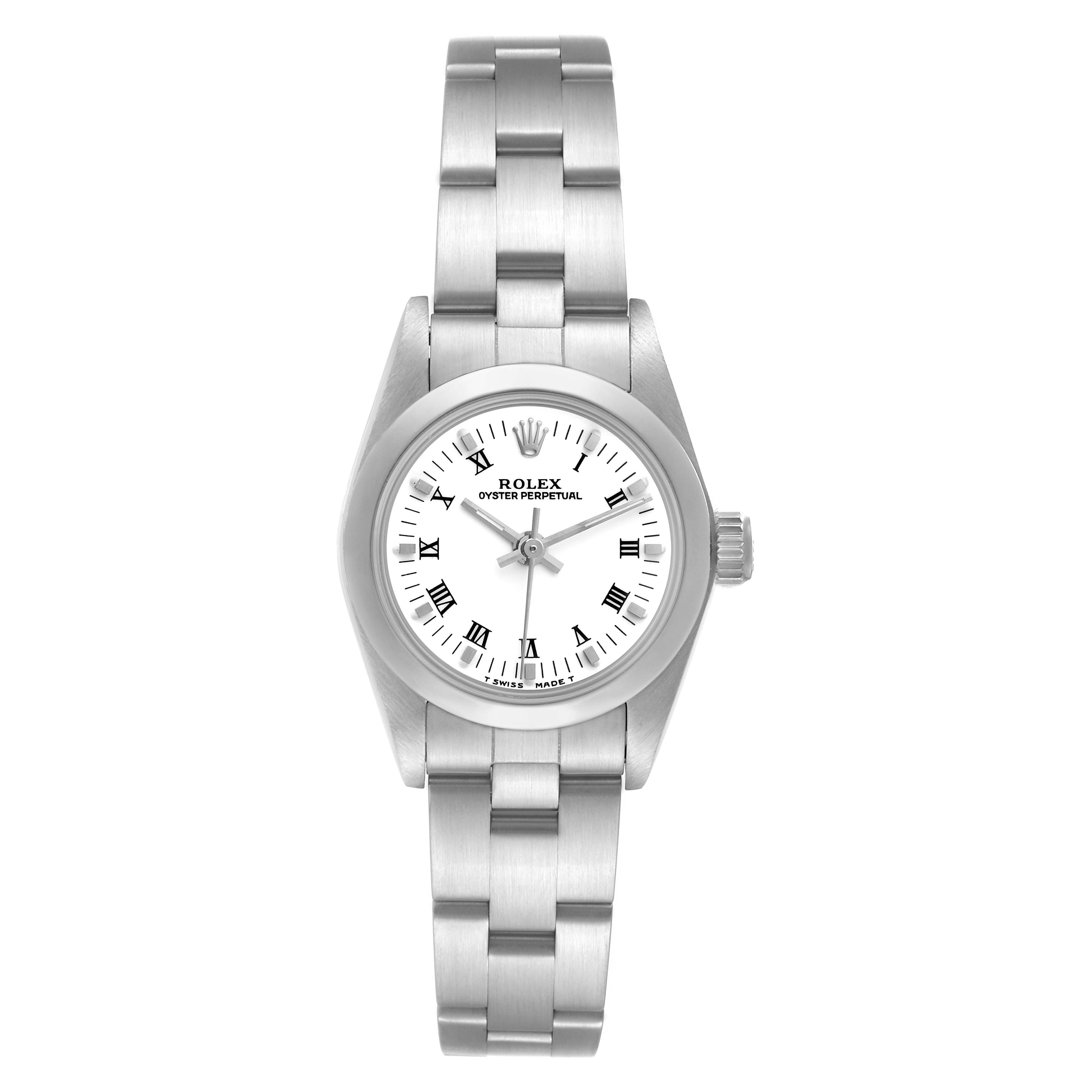 This image shows a front view of a Rolex Oyster Perpetual 67180 Women's Stainless Steel White Dial 67180 Women's Stainless Steel White Dial watch, displaying the face, bracelet, and crown.