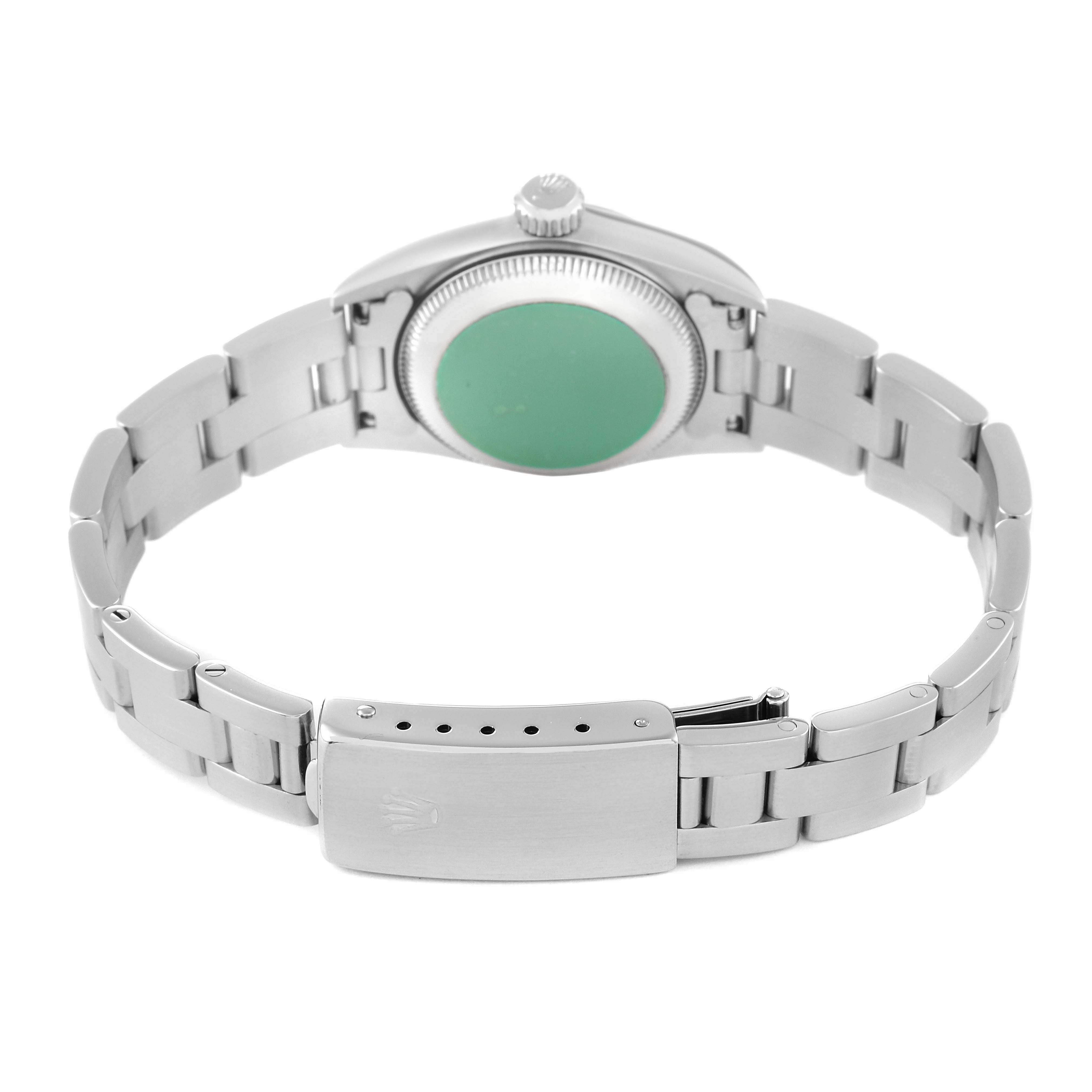 This image shows the back view of the Rolex Oyster Perpetual 67180 Women's Stainless Steel White Dial 67180 Women's Stainless Steel White Dial watch, highlighting its bracelet and clasp.