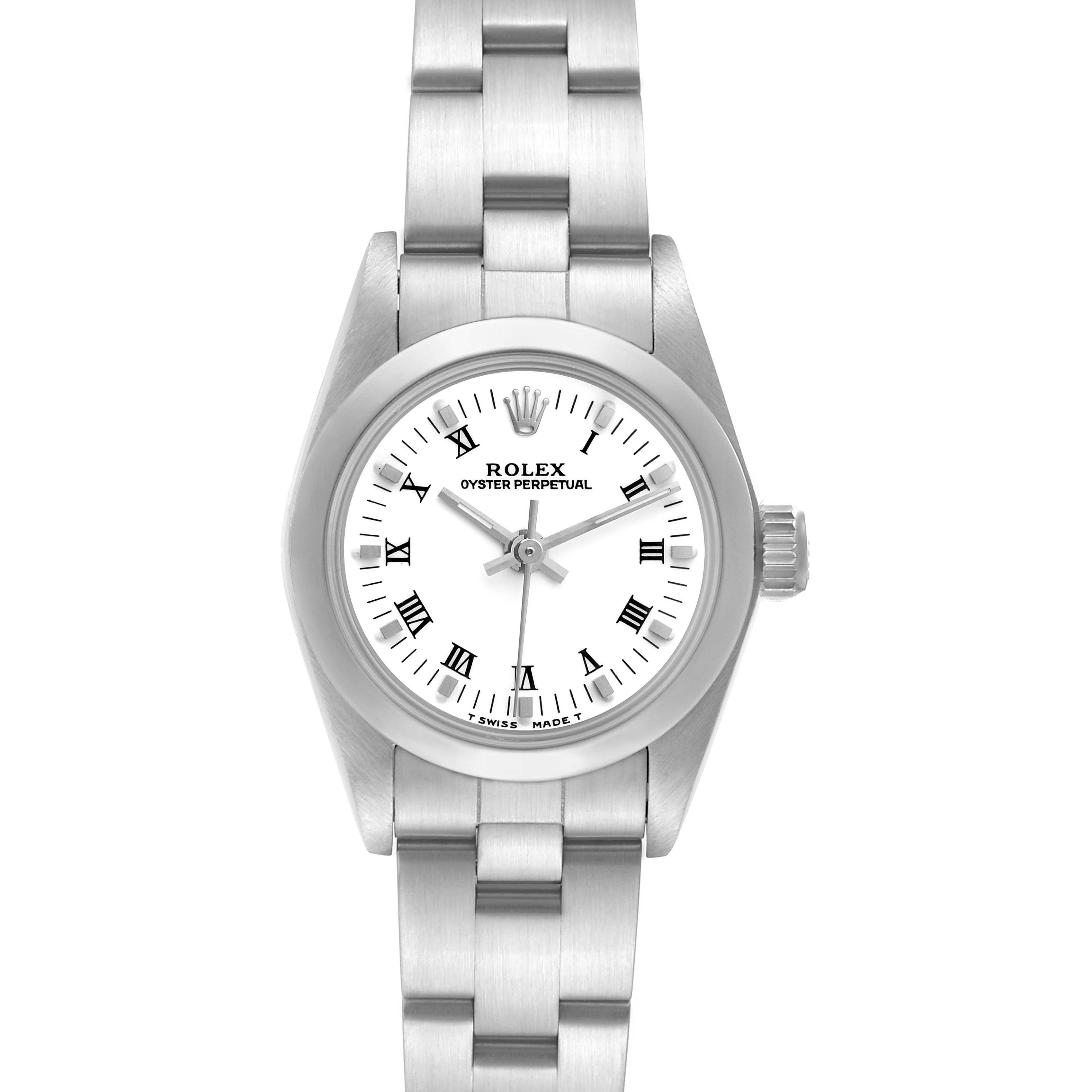 This Rolex Oyster Perpetual 67180 Women's Stainless Steel White Dial 67180 Women's Stainless Steel White Dial watch is shown from a front angle, displaying its face, bezel, and bracelet.