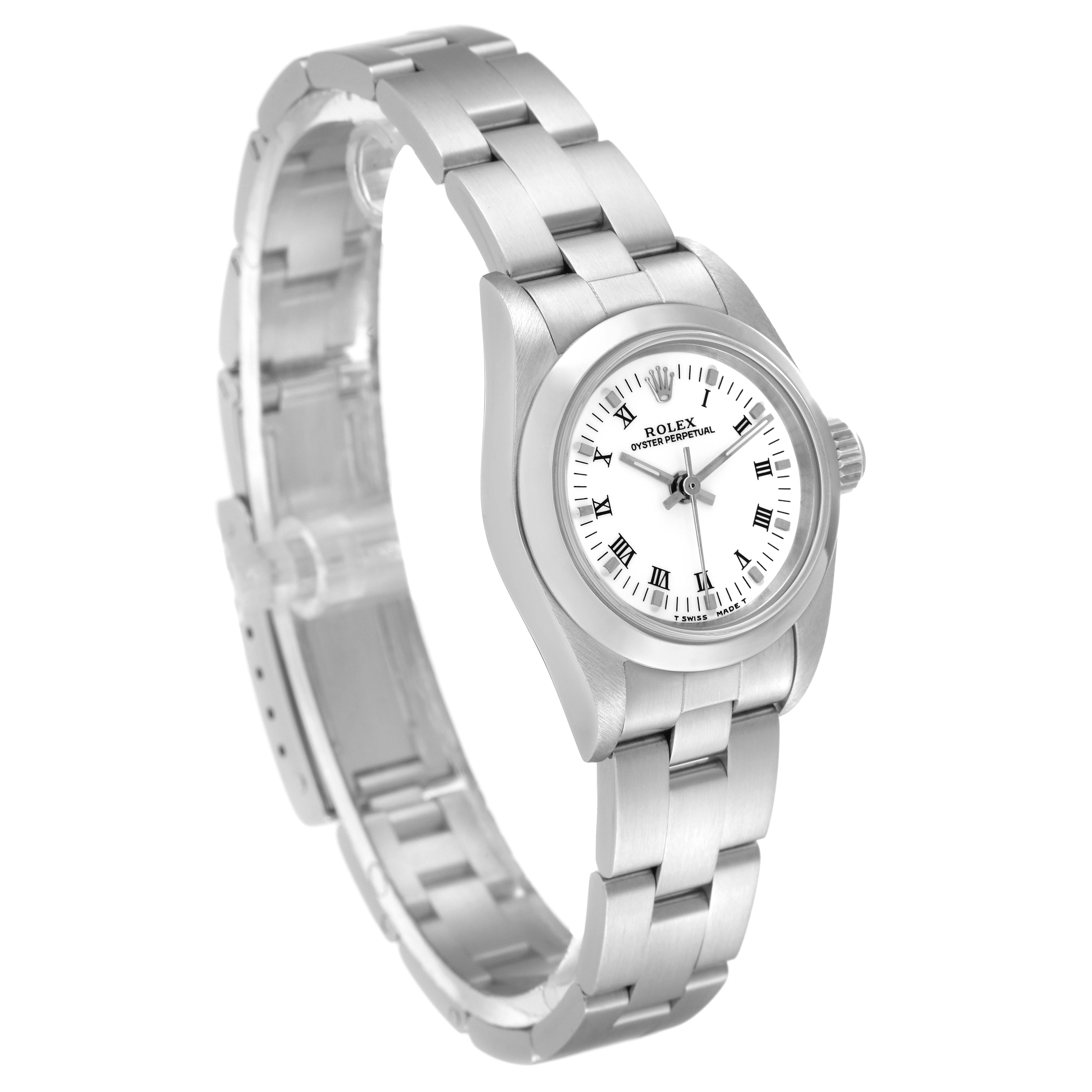 This image shows a Rolex Oyster Perpetual 67180 Women's Stainless Steel White Dial 67180 Women's Stainless Steel White Dial watch at an angle, displaying the face, bezel, case, and bracelet.