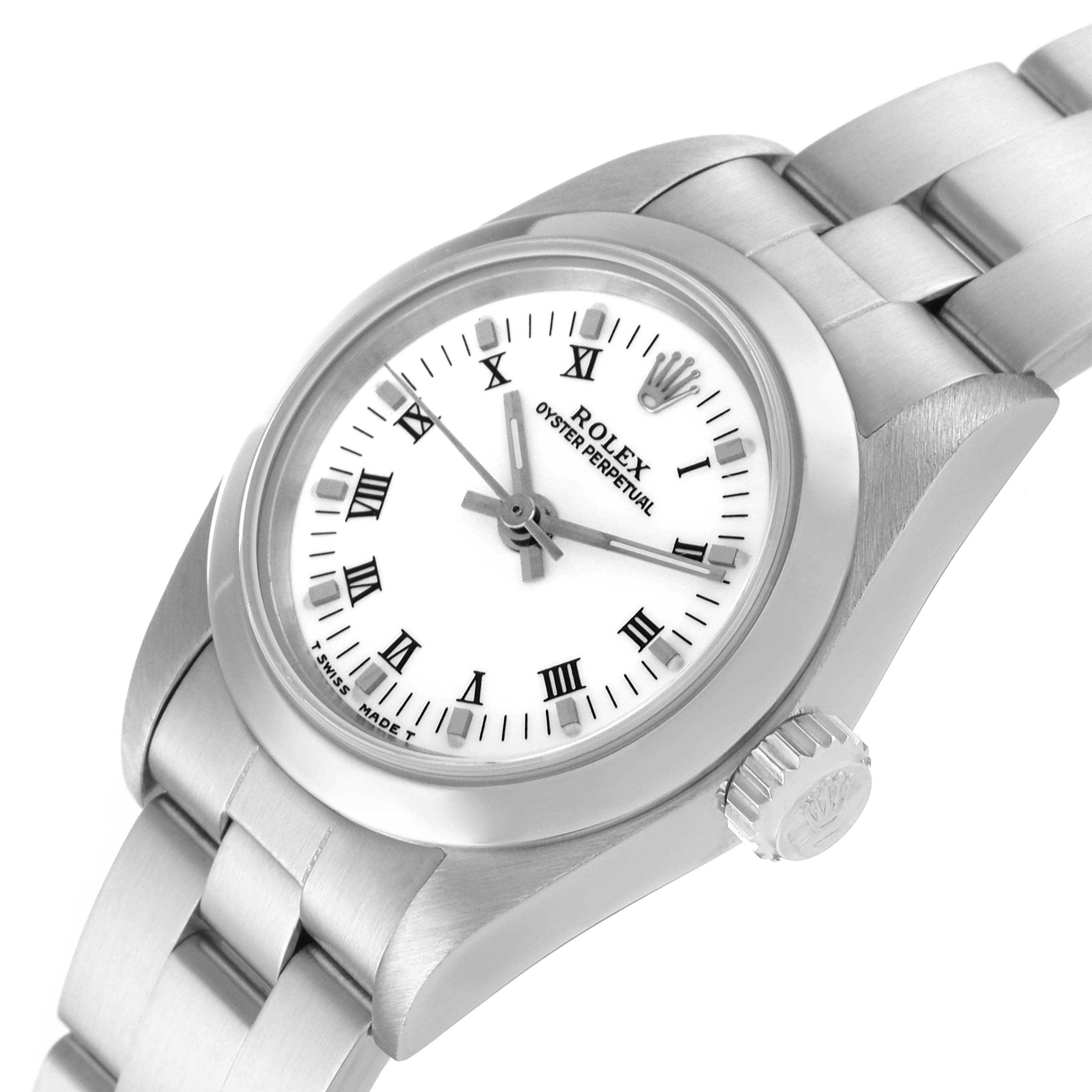 This Rolex Oyster Perpetual 67180 Women's Stainless Steel White Dial 67180 Women's Stainless Steel White Dial watch is shown at an angled top view, highlighting its face, bezel, and bracelet.