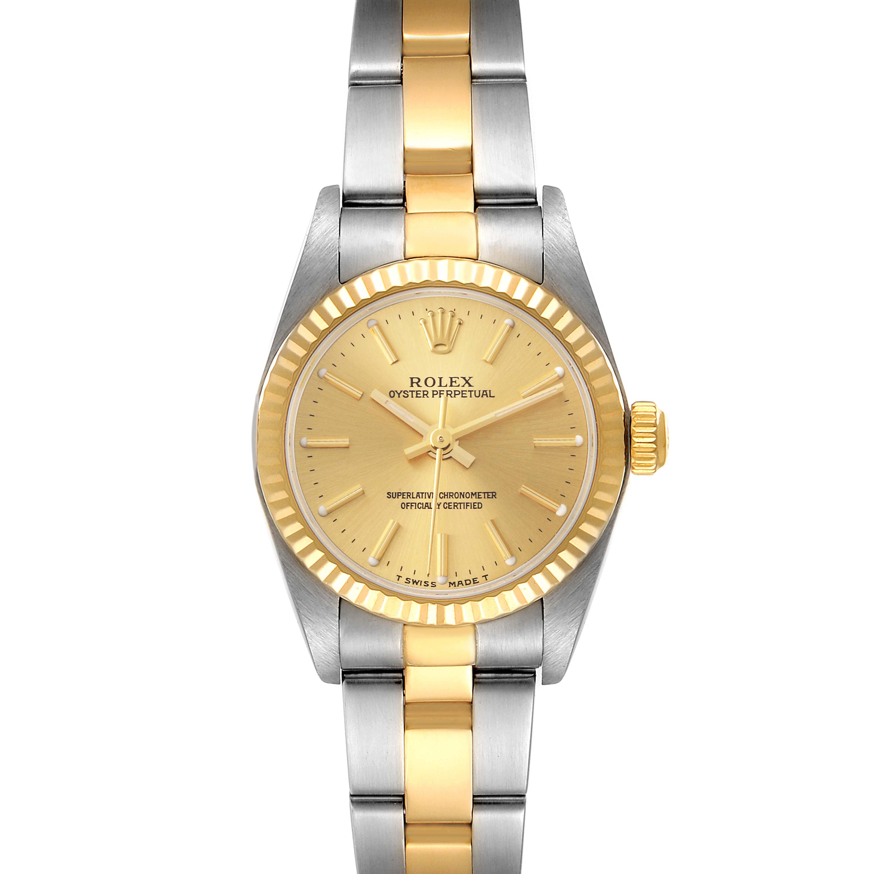 This Rolex Oyster Perpetual 76193 Women's Steel and Gold (two tone) Champagne Dial 76193 Women's Steel and Gold (two tone) Champagne Dial watch is shown from a top-down angle, highlighting the face, bezel, and two-tone bracelet.