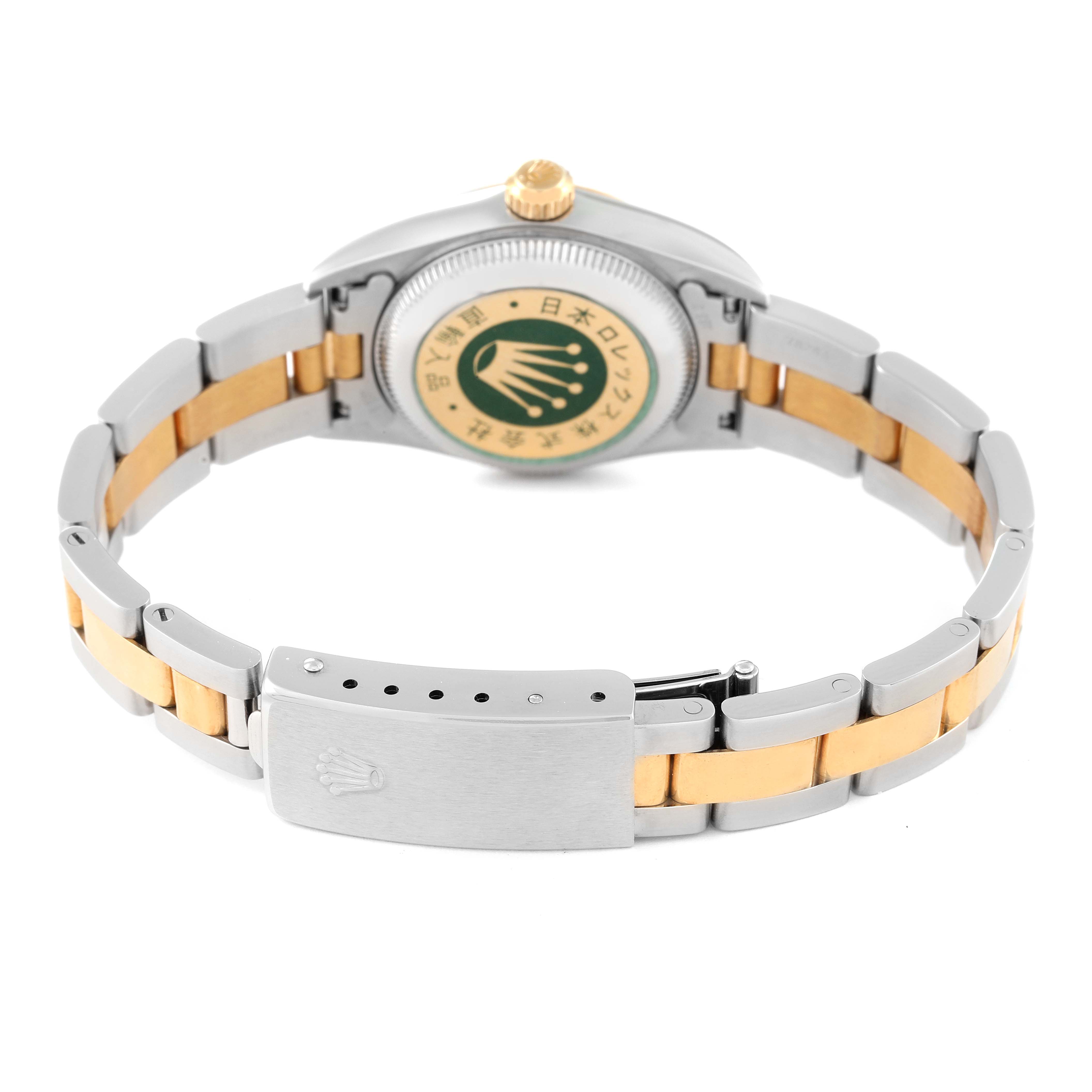 The image shows the back case and bracelet of a Rolex Oyster Perpetual 76193 Women's Steel and Gold (two tone) Champagne Dial 76193 Women's Steel and Gold (two tone) Champagne Dial watch, highlighting the clasp and crown.