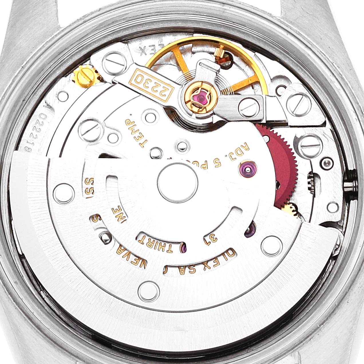 This image shows the movement mechanism of a Rolex Oyster Perpetual 76193 Women's Steel and Gold (two tone) Champagne Dial 76193 Women's Steel and Gold (two tone) Champagne Dial watch from a direct overhead angle.