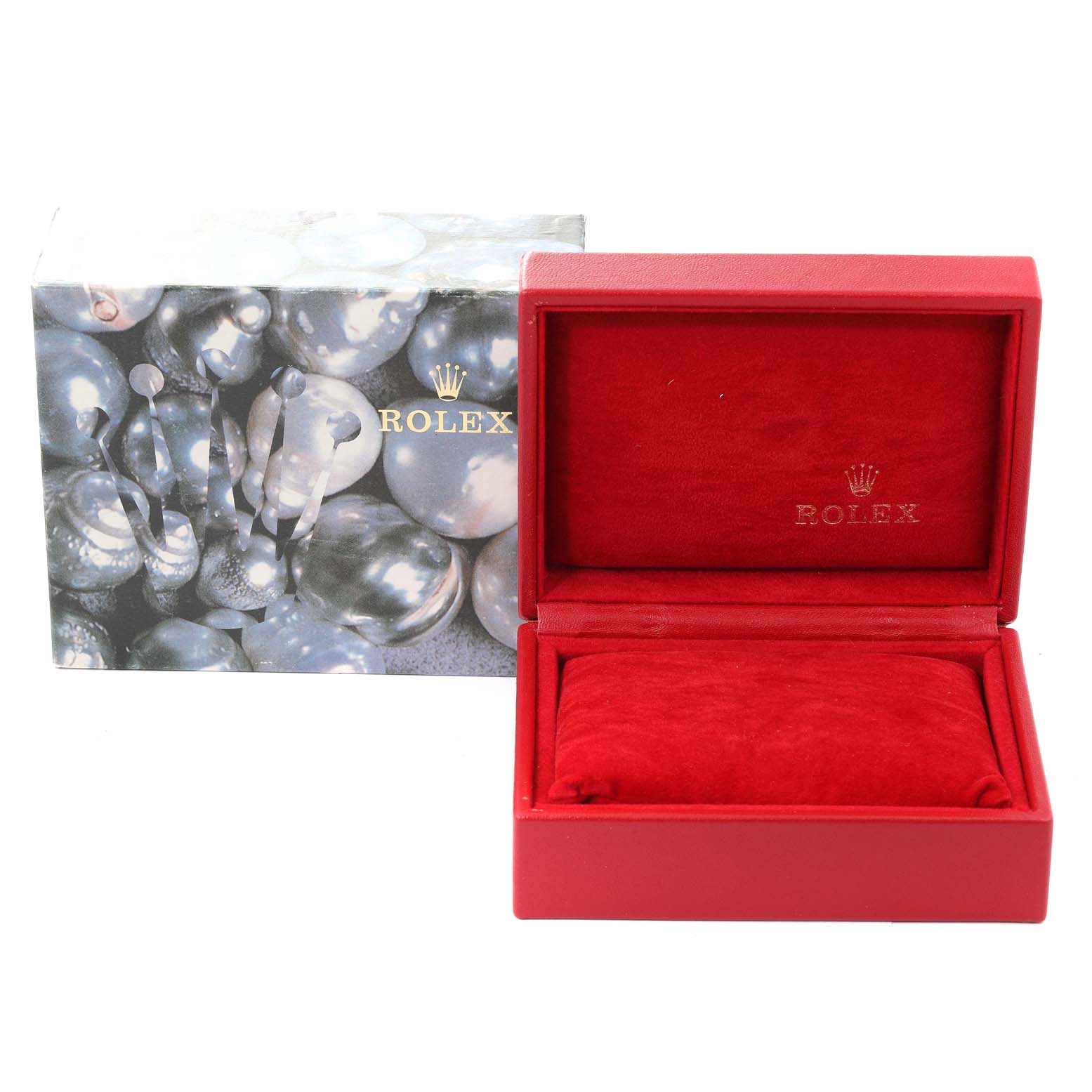 The image shows a Rolex Oyster Perpetual 76193 Women's Steel and Gold (two tone) Champagne Dial 76193 Women's Steel and Gold (two tone) Champagne Dial watch box and packaging, with the box open to reveal a red interior.