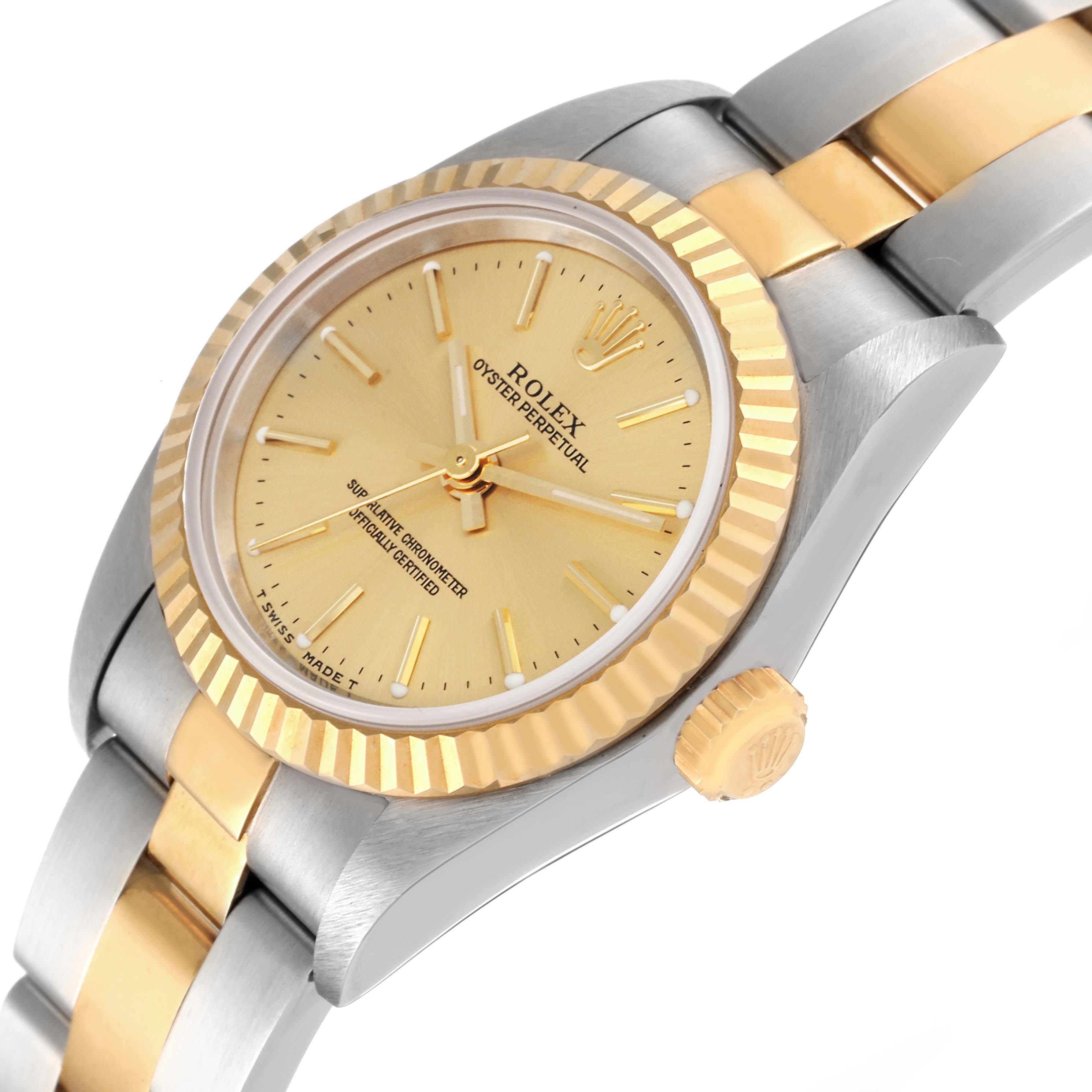 The image shows a side and partial top view of a Rolex Oyster Perpetual 76193 Women's Steel and Gold (two tone) Champagne Dial 76193 Women's Steel and Gold (two tone) Champagne Dial watch, focusing on the dial, bezel, case, and part of the bracelet.