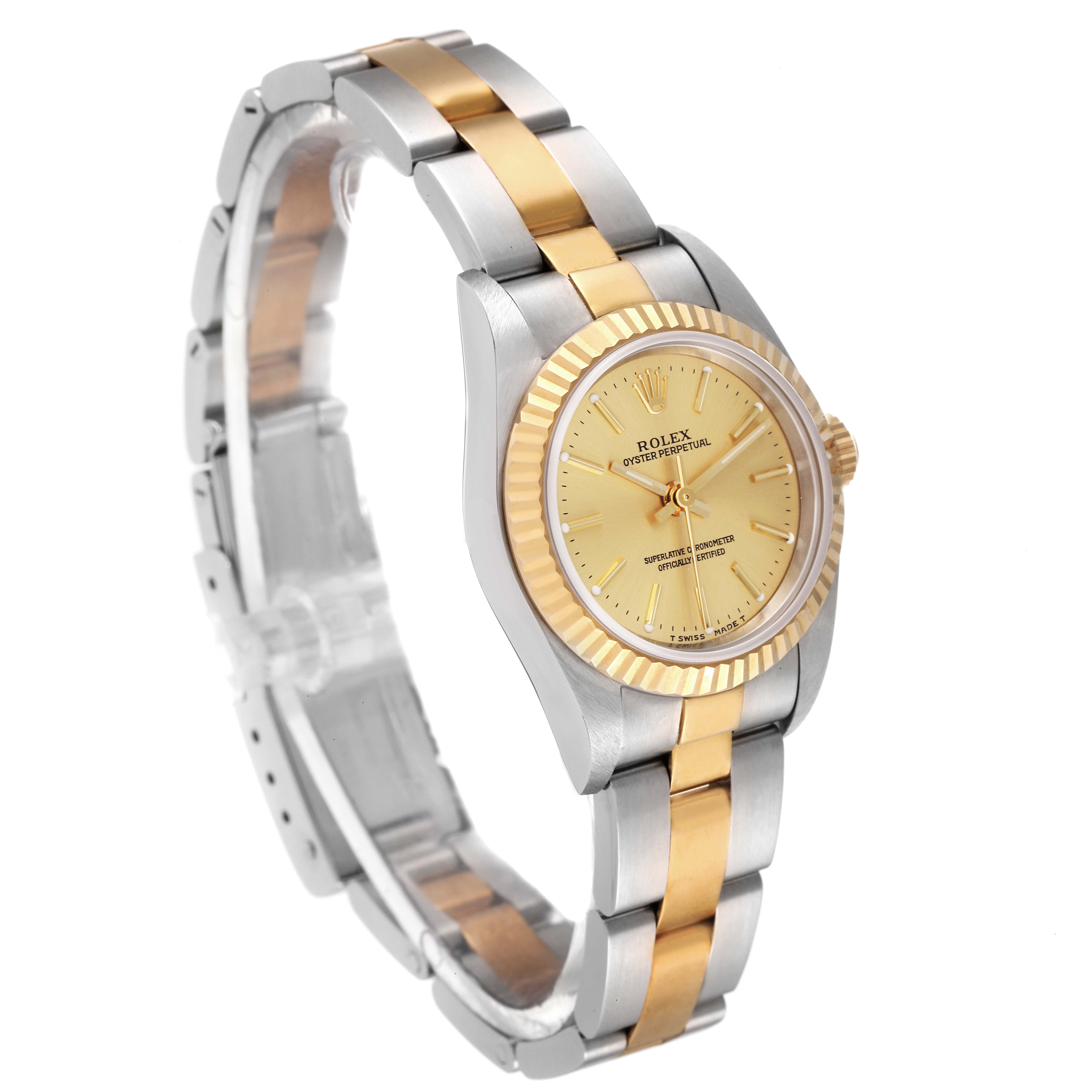 The image shows a side angle of a Rolex Oyster Perpetual 76193 Women's Steel and Gold (two tone) Champagne Dial 76193 Women's Steel and Gold (two tone) Champagne Dial watch, highlighting the two-tone bracelet and the face.