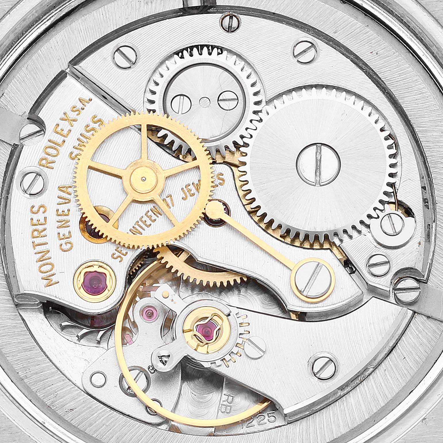 The image shows an up-close view of the movement mechanism of a Rolex Vintage Collection 6426 Men's Stainless Steel Silver Dial 6426 Men's Stainless Steel Silver Dial watch.