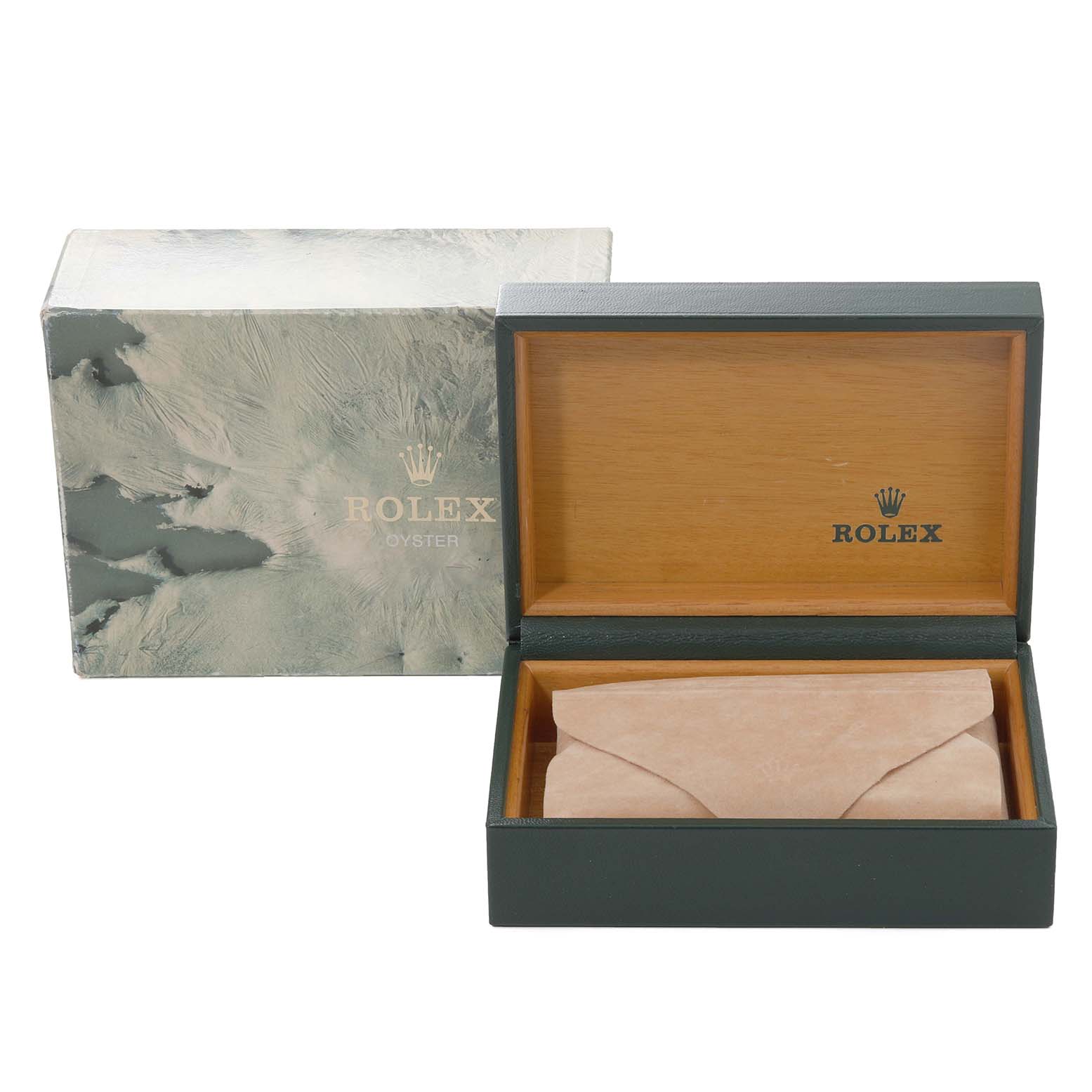 The image shows an open Rolex Vintage Collection 6426 Men's Stainless Steel Silver Dial 6426 Men's Stainless Steel Silver Dial watch box with its outer packaging and an interior cushion.
