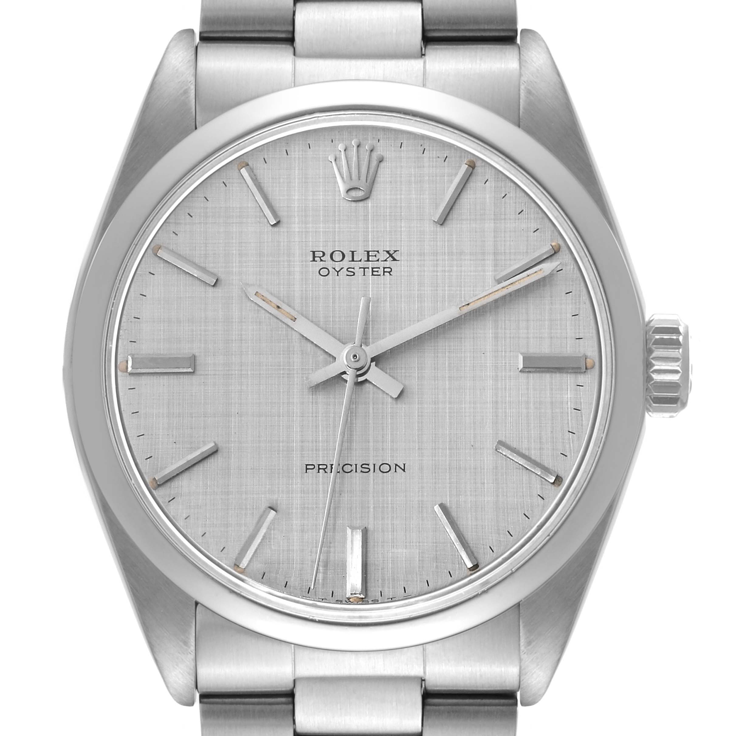 The image shows a front view of a Rolex Vintage Collection 6426 Men's Stainless Steel Silver Dial 6426 Men's Stainless Steel Silver Dial model watch, displaying its dial, markers, hands, and crown.