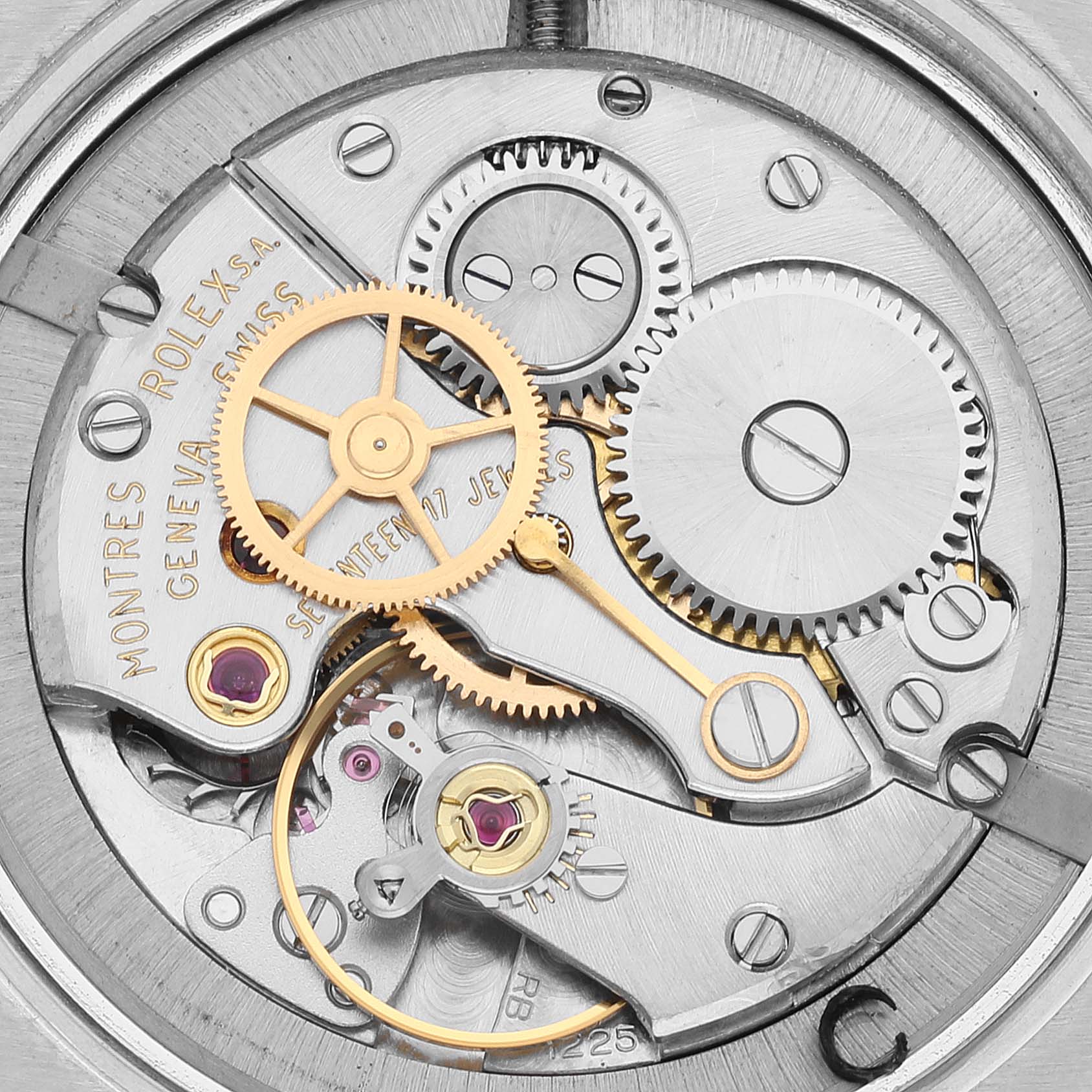 This image shows the inner mechanical movements of a Rolex Vintage Collection 6427 Men's Stainless Steel Silver Dial 6427 Men's Stainless Steel Silver Dial watch, highlighting gears and jewels.