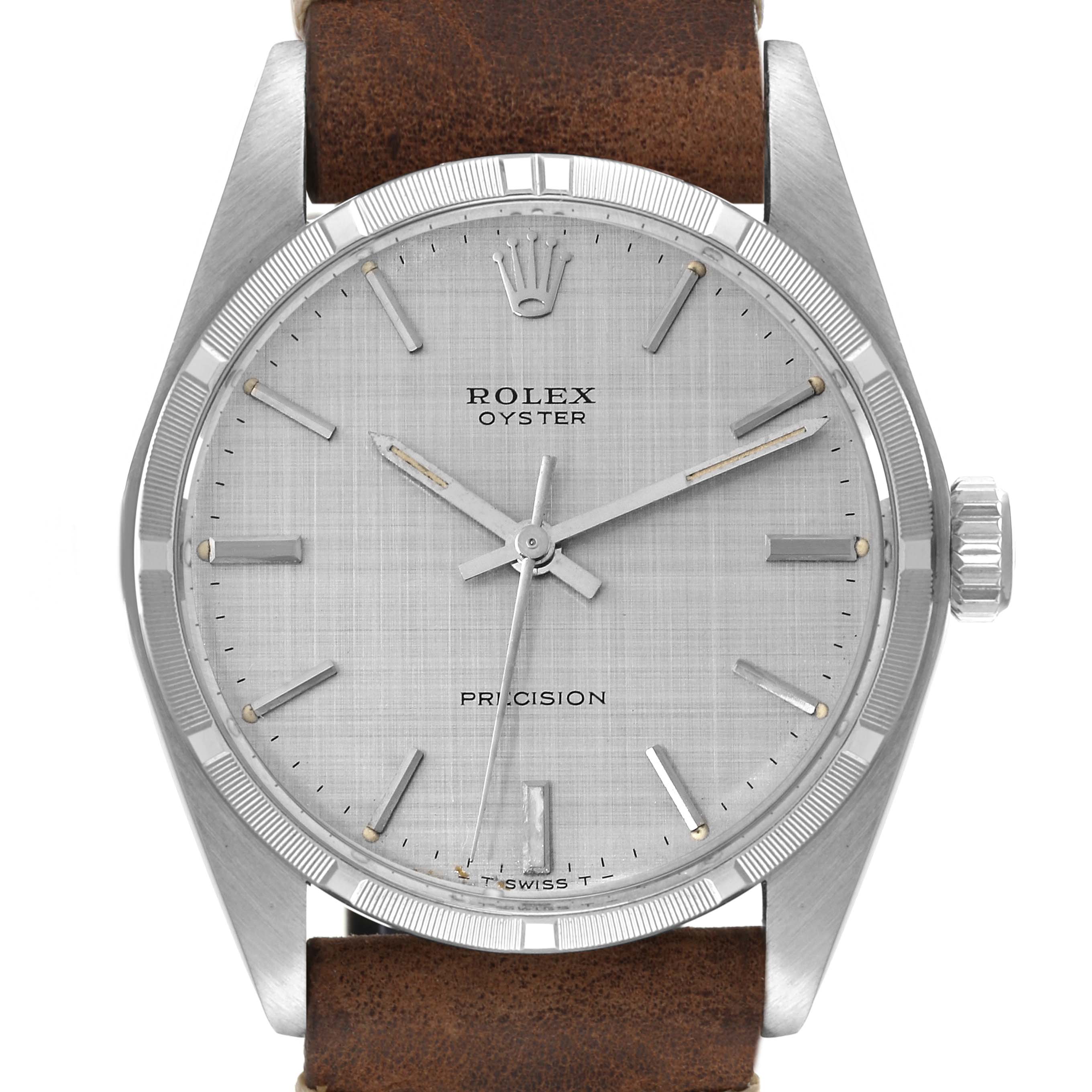 The image shows a front-facing view of a Rolex Vintage Collection 6427 Men's Stainless Steel Silver Dial 6427 Men's Stainless Steel Silver Dial model watch with a brown leather strap.