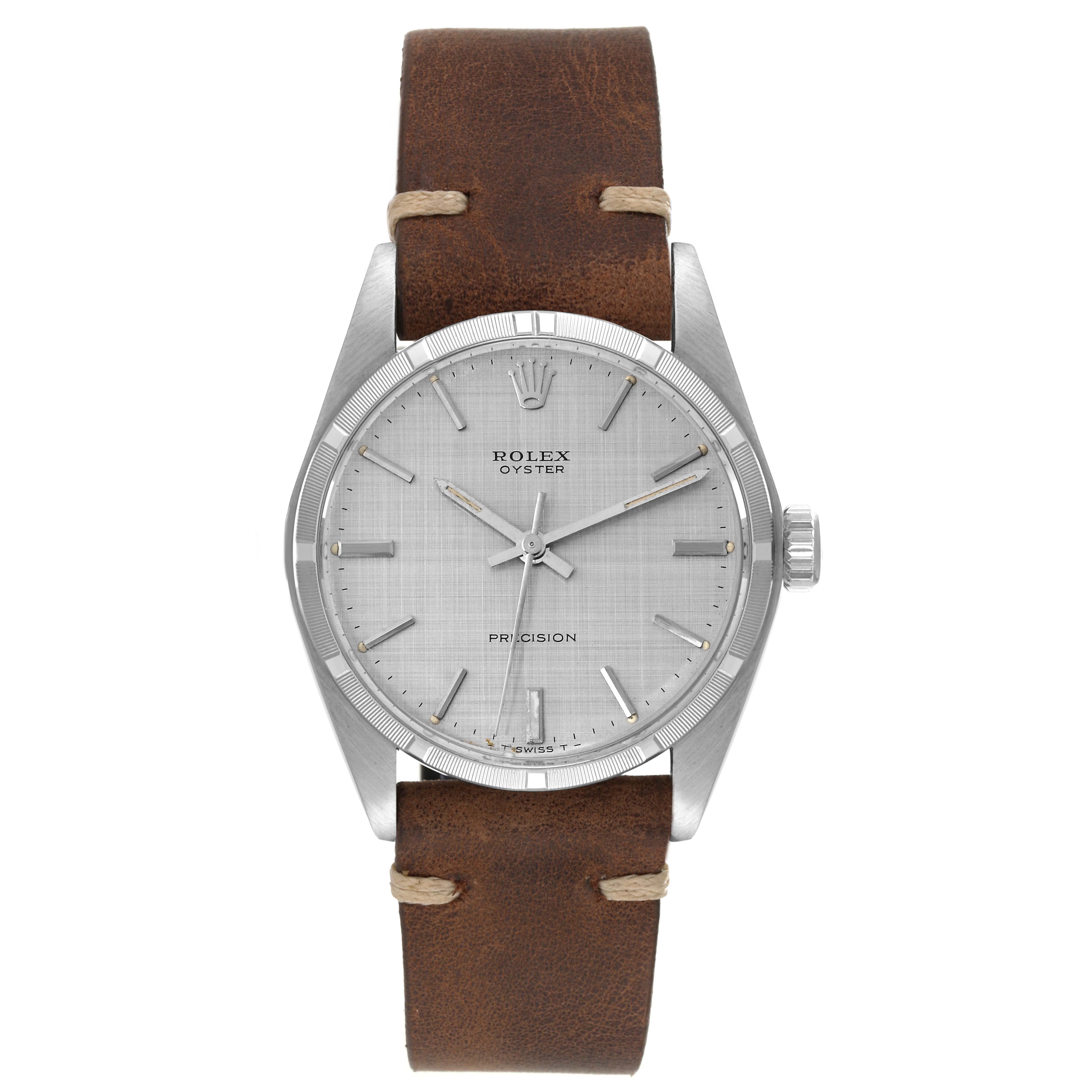 The Rolex Vintage Collection 6427 Men's Stainless Steel Silver Dial 6427 Men's Stainless Steel Silver Dial watch is shown from a front angle, displaying its dial, case, and brown leather strap.