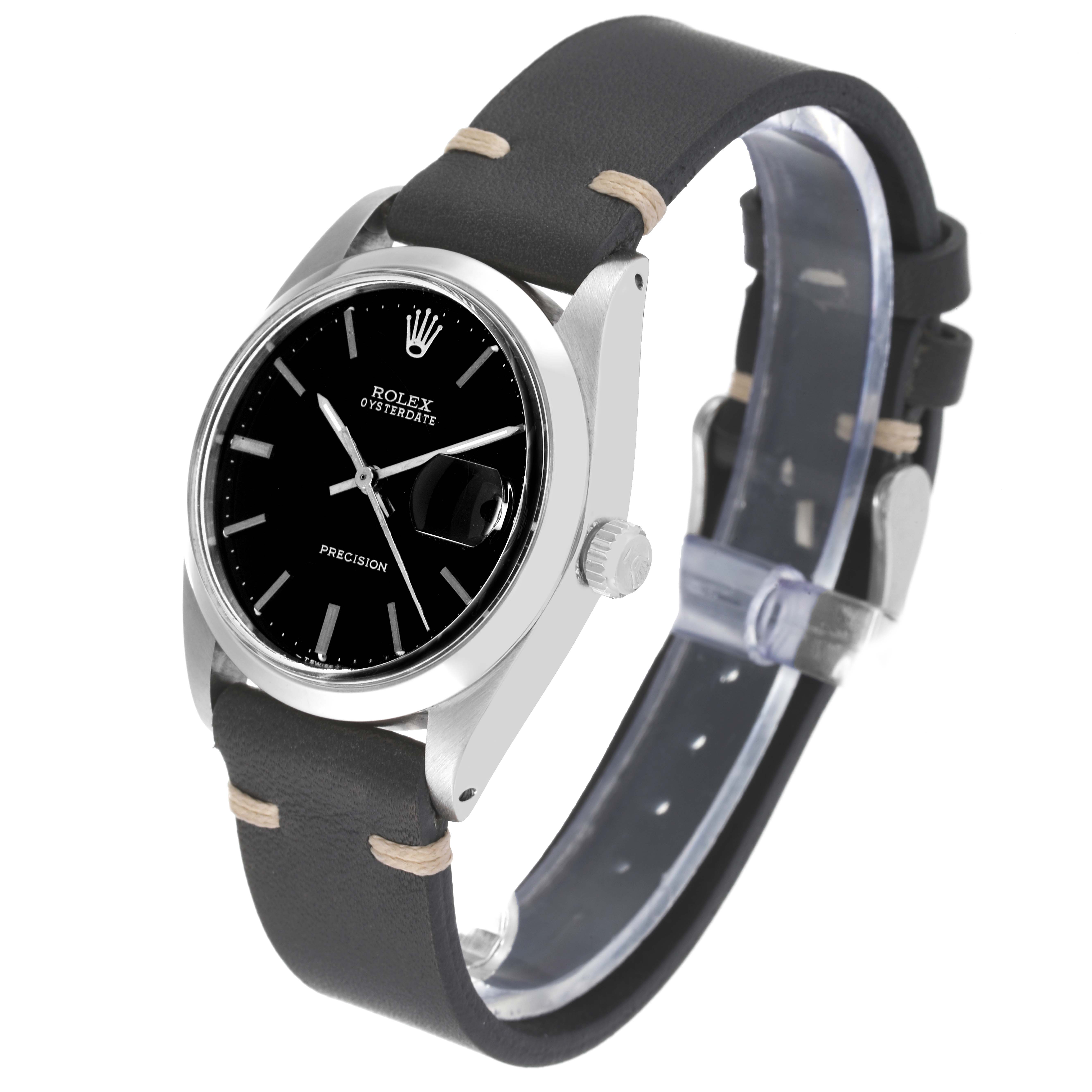 The Rolex Vintage Collection 6694 Men's Stainless Steel Black Dial 6694 Men's Stainless Steel Black Dial model is shown from a front angle, displaying the black dial, case, crown, and leather strap.