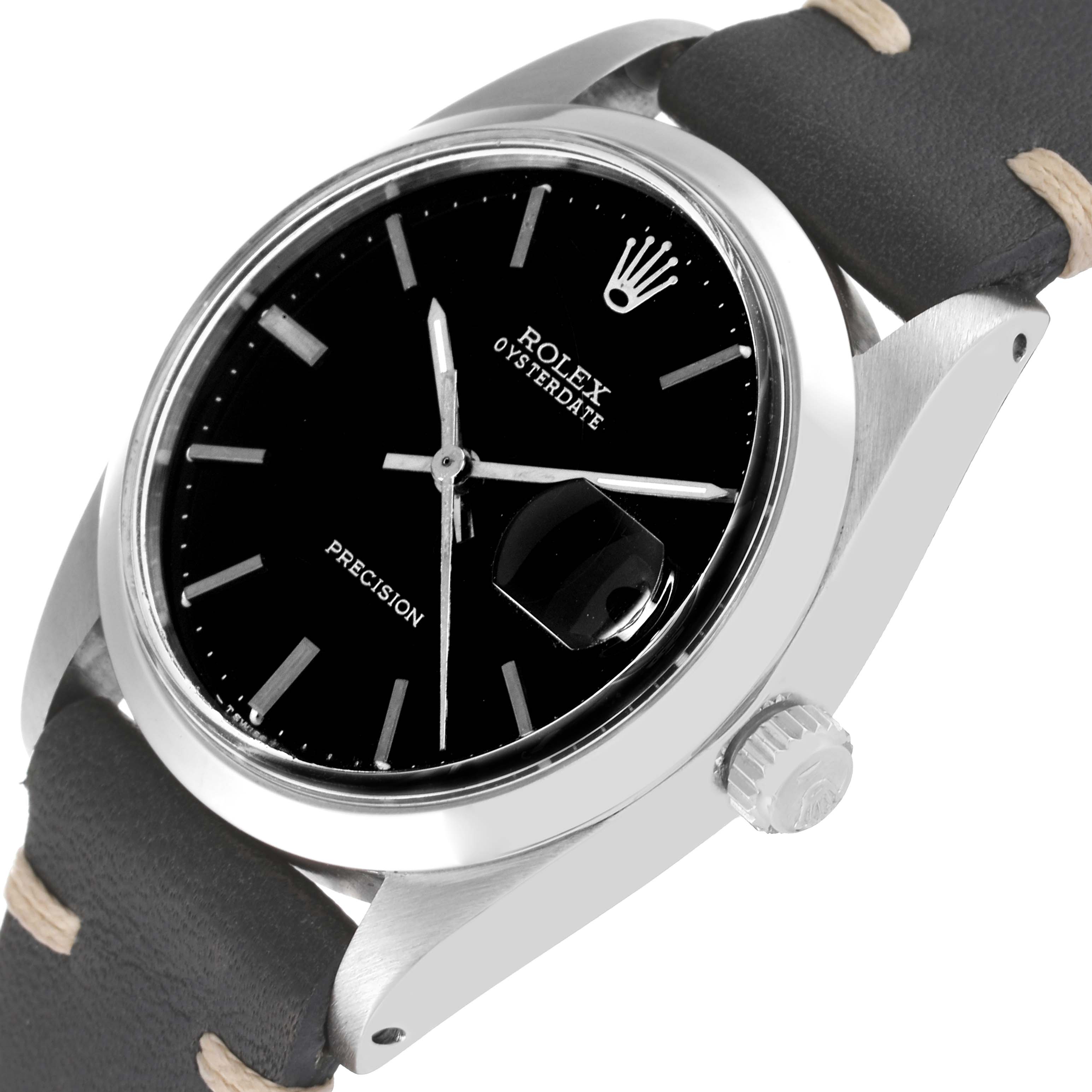 This image shows a close-up side angle of the Rolex Vintage Collection 6694 Men's Stainless Steel Black Dial 6694 Men's Stainless Steel Black Dial model, highlighting the dial, crown, and strap.