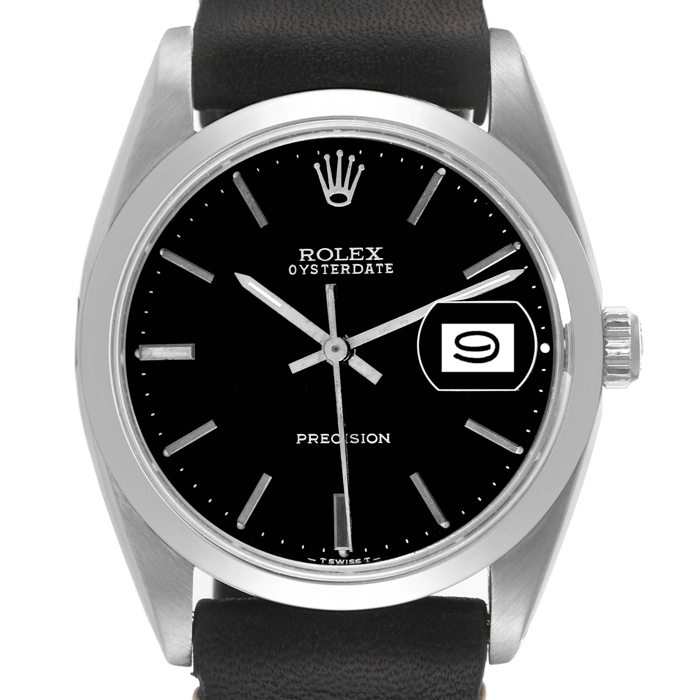 This image captures a front view of the Rolex Vintage Collection 6694 Men's Stainless Steel Black Dial 6694 Men's Stainless Steel Black Dial Oysterdate watch, highlighting its black dial and date window at 3 o'clock.