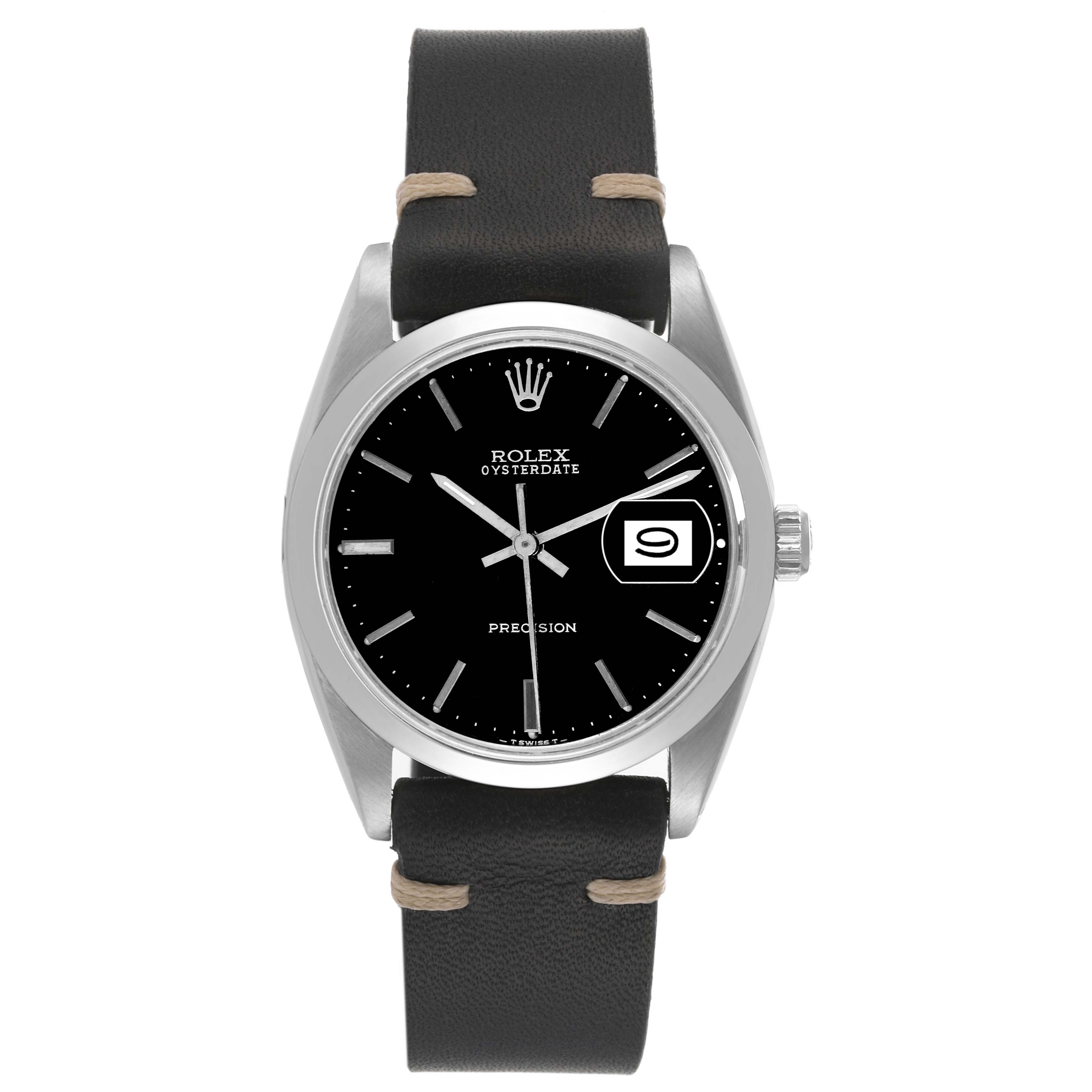 This image shows a frontal view of a Rolex Vintage Collection 6694 Men's Stainless Steel Black Dial 6694 Men's Stainless Steel Black Dial Oysterdate Precision watch with a black leather strap.