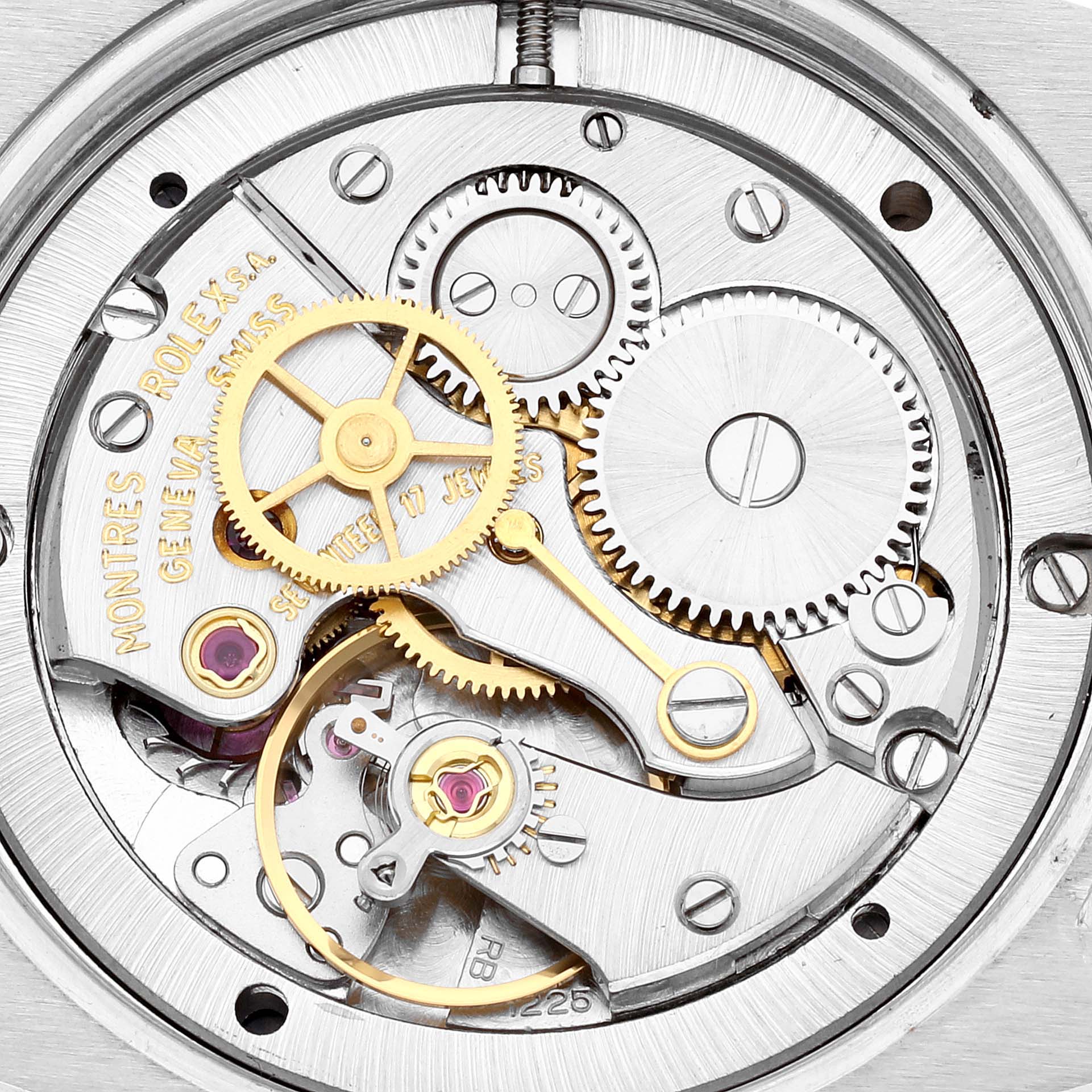 The image shows the intricate mechanism of the Rolex Vintage Collection 6694 Men
s Stainless Steel Grey Dial 6694 Men
s Stainless Steel Grey Dial model from a top-down angle.