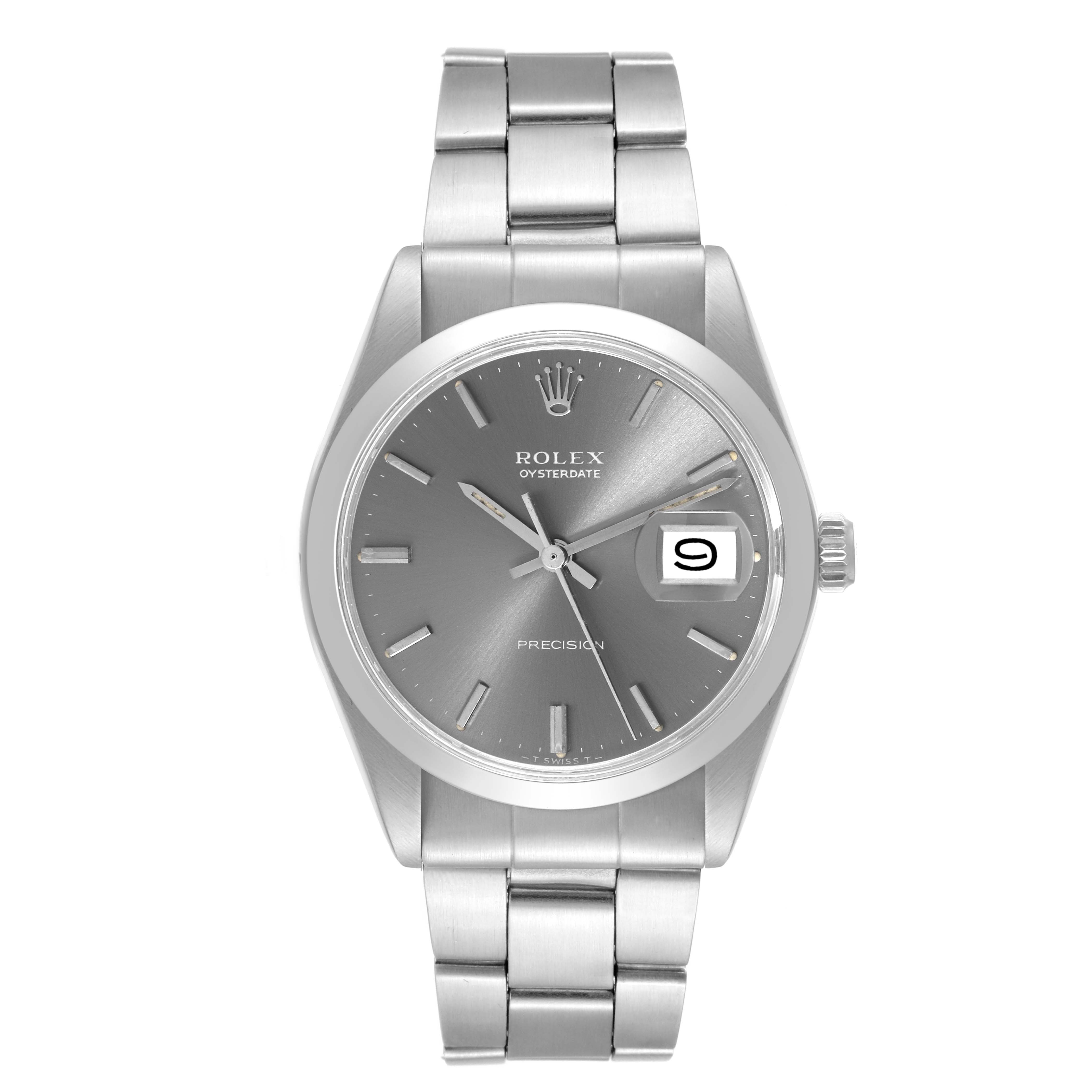 The image shows a front view of the Rolex Vintage Collection 6694 Men
s Stainless Steel Grey Dial 6694 Men
s Stainless Steel Grey Dial watch, displaying its face, date window, and bracelet.