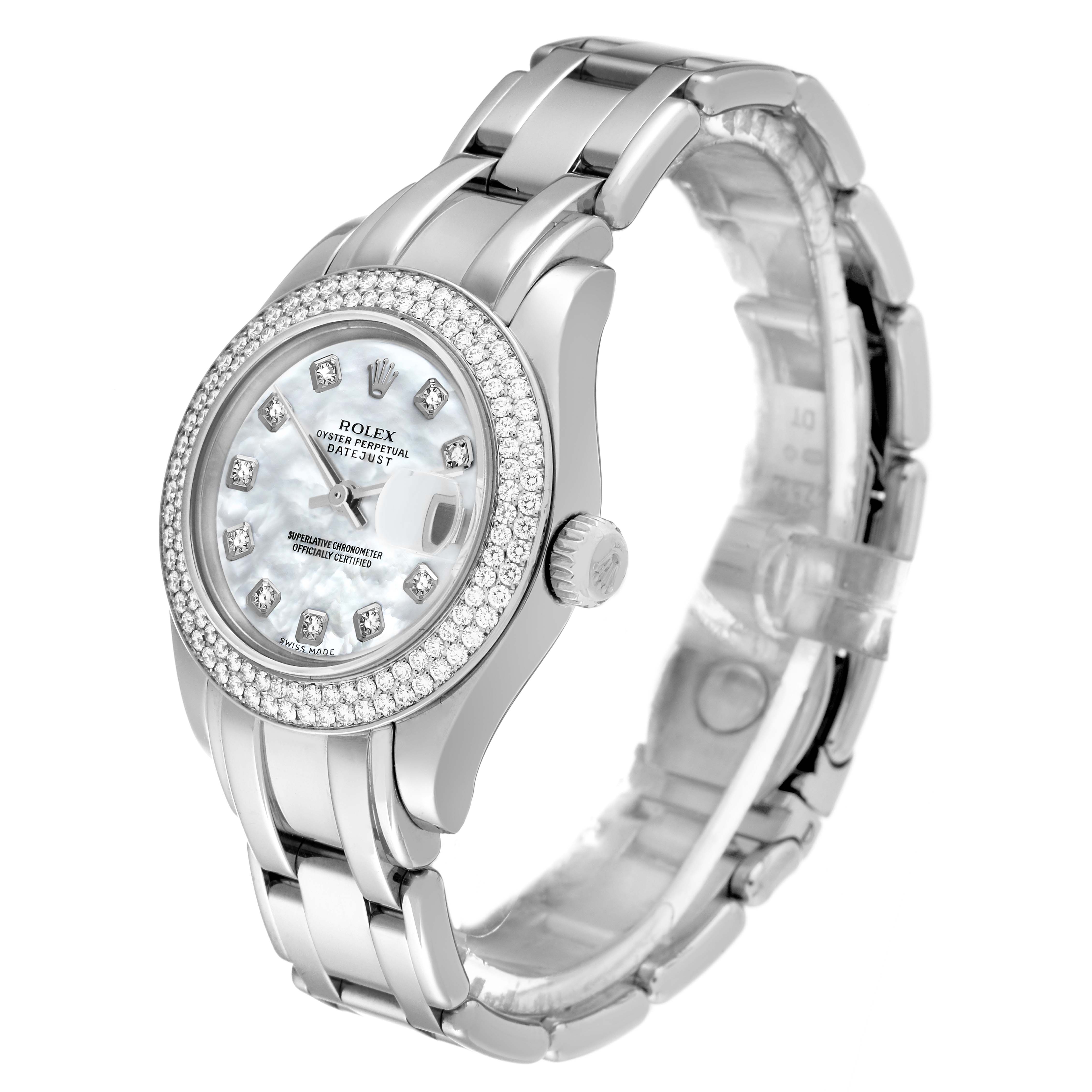 This Rolex Pearlmaster 80339 Women's White Gold Mother of Pearl Dial 80339 Women's White Gold Mother of Pearl Dial watch is shown at a three-quarter angle, displaying the face, bezel, and part of the bracelet.