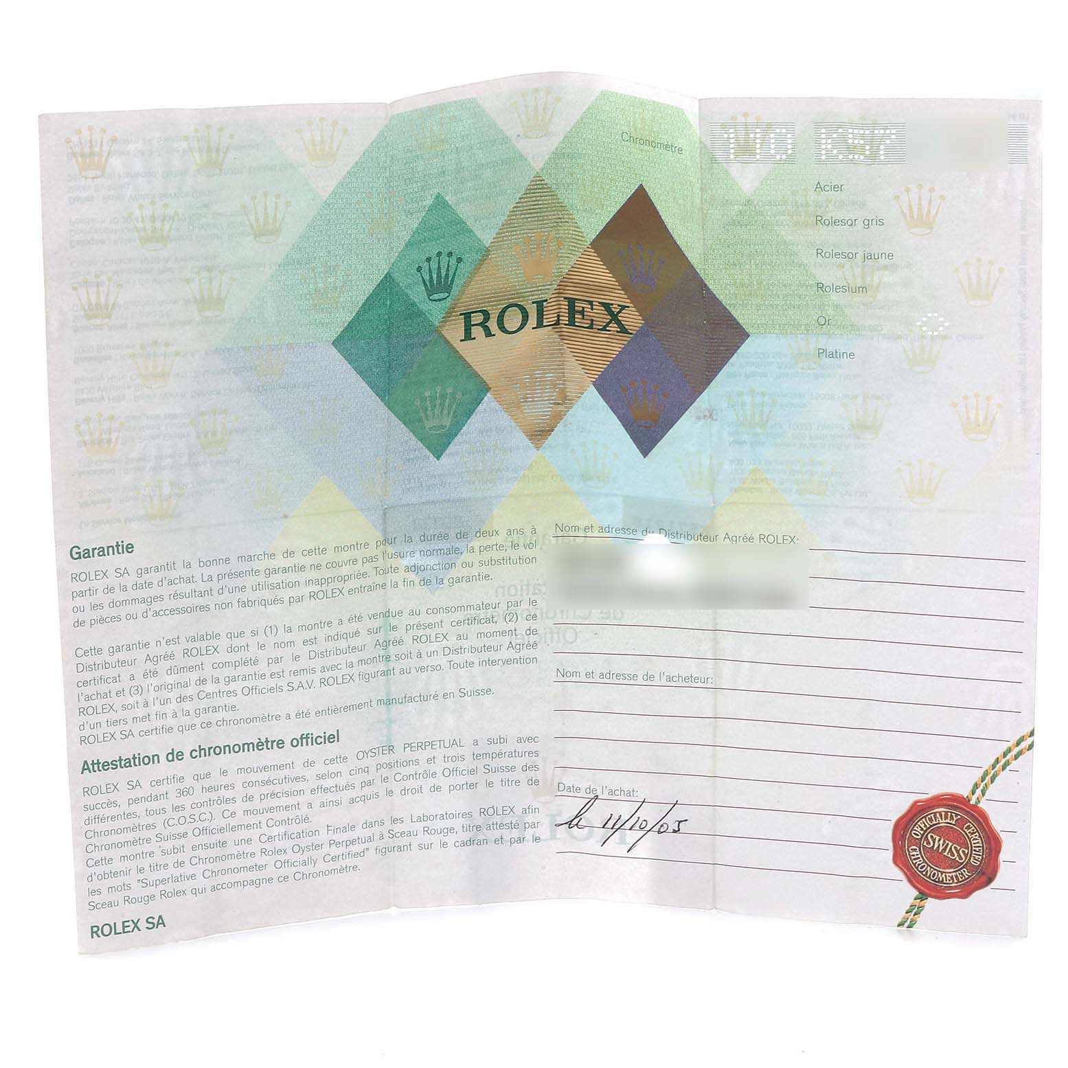 This image shows the warranty and certification document for a Rolex Pearlmaster 80339 Women's White Gold Mother of Pearl Dial 80339 Women's White Gold Mother of Pearl Dial watch.