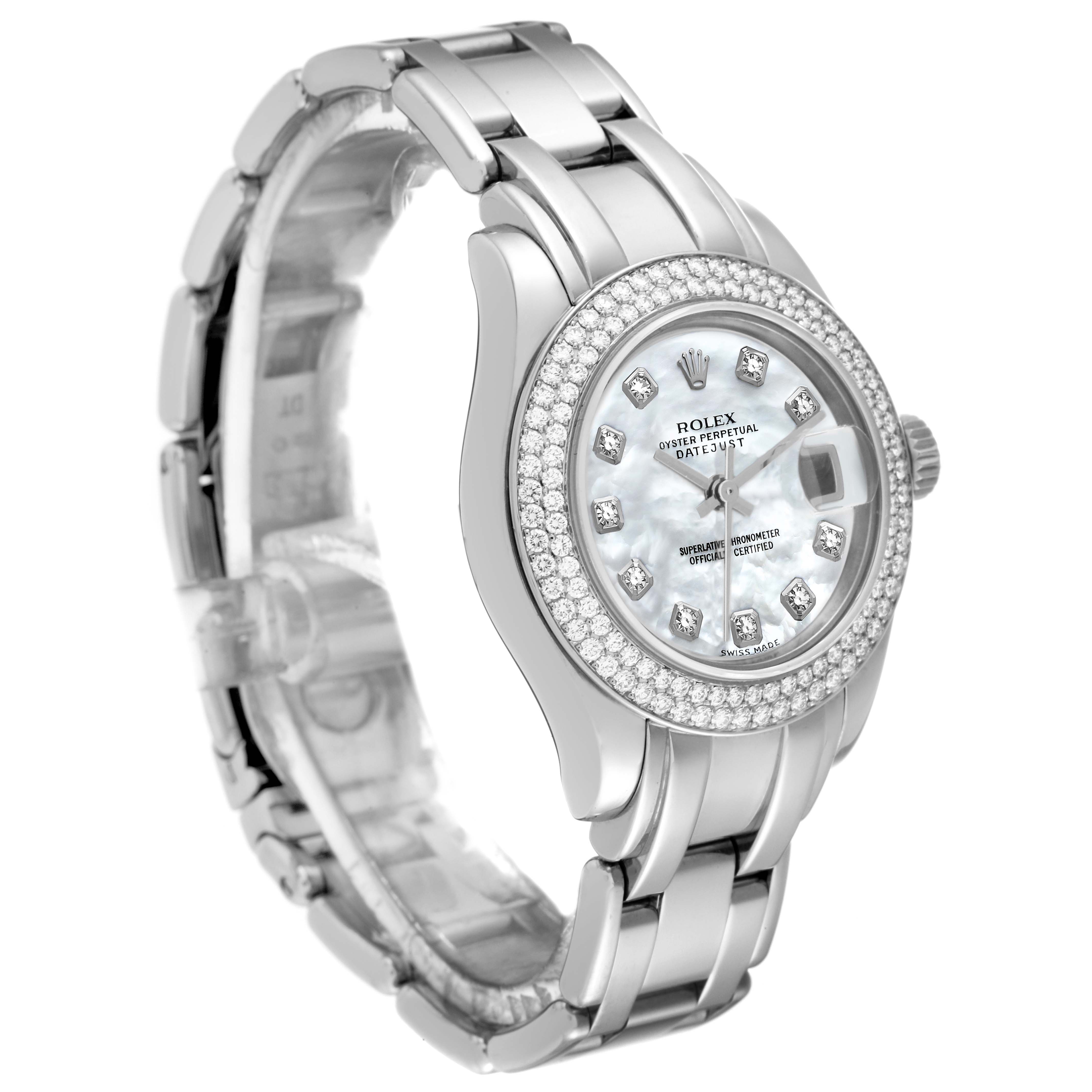 The image shows a Rolex Pearlmaster 80339 Women's White Gold Mother of Pearl Dial 80339 Women's White Gold Mother of Pearl Dial watch at a three-quarter angle, highlighting its bracelet, case, and diamond-studded bezel and dial.