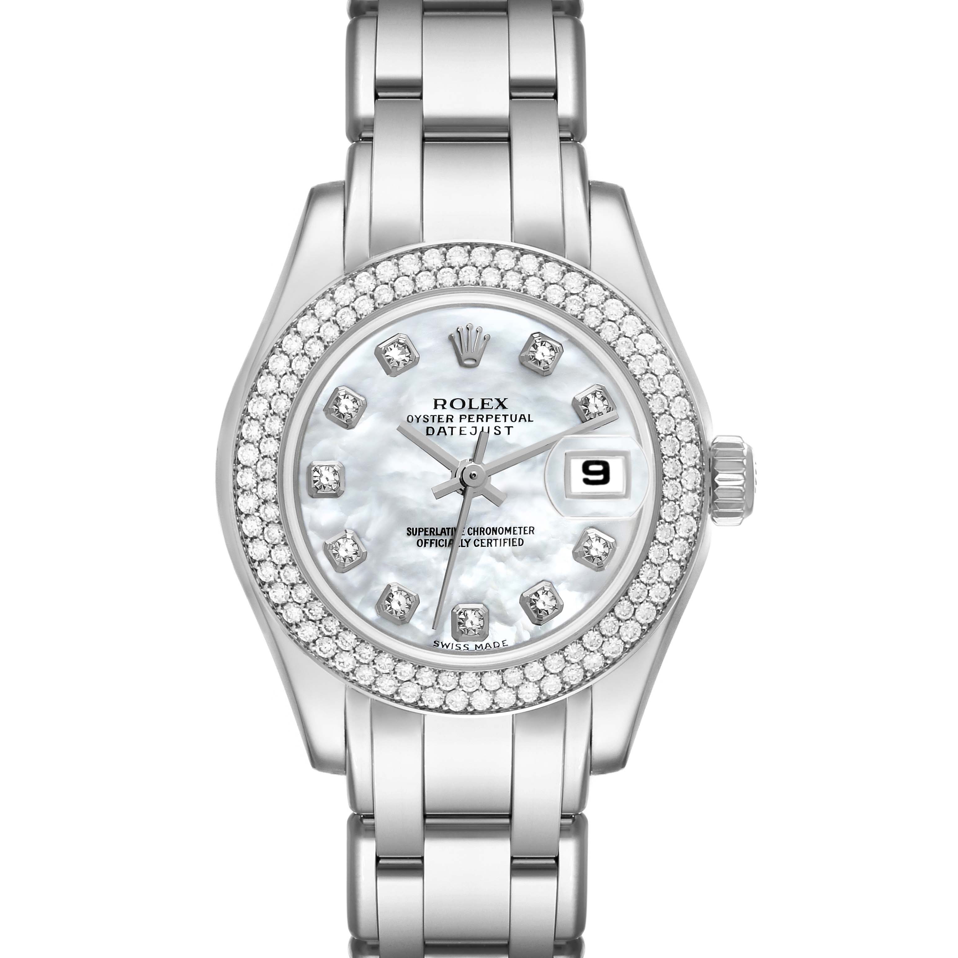 This image shows a front view of the Rolex Pearlmaster 80339 Women's White Gold Mother of Pearl Dial 80339 Women's White Gold Mother of Pearl Dial watch, displaying its dial, bezel, and bracelet.