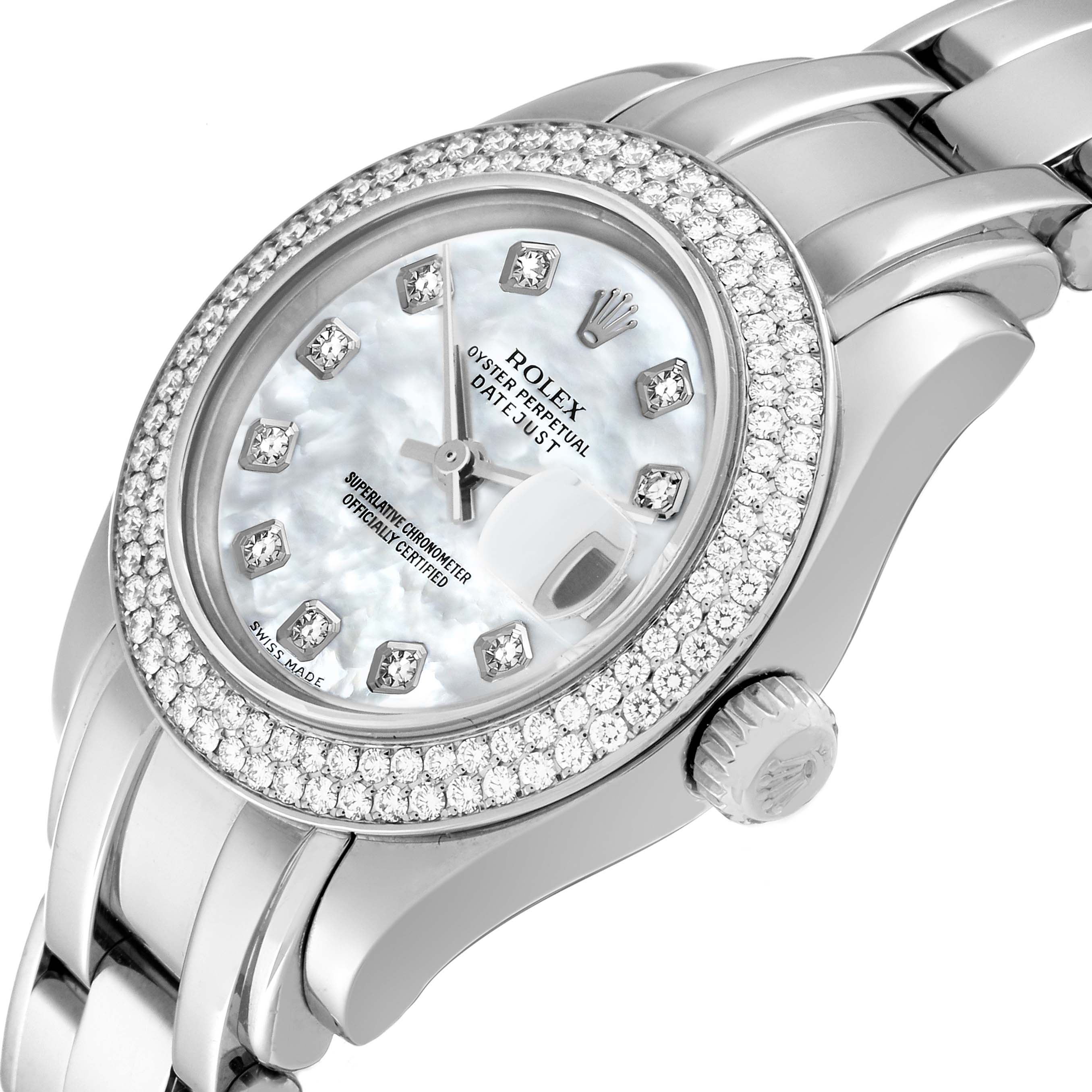 The Rolex Pearlmaster 80339 Women's White Gold Mother of Pearl Dial 80339 Women's White Gold Mother of Pearl Dial watch is shown at an angle emphasizing its bezel, dial, crown, and part of the bracelet.