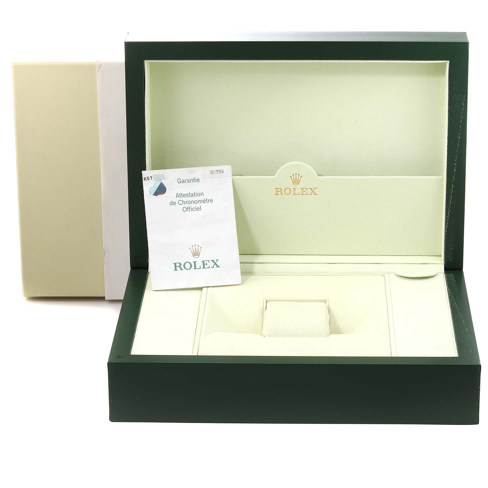 The image shows an open Rolex Pearlmaster 80339 Women's White Gold Mother of Pearl Dial 80339 Women's White Gold Mother of Pearl Dial watch box and accompanying warranty card from the front angle.