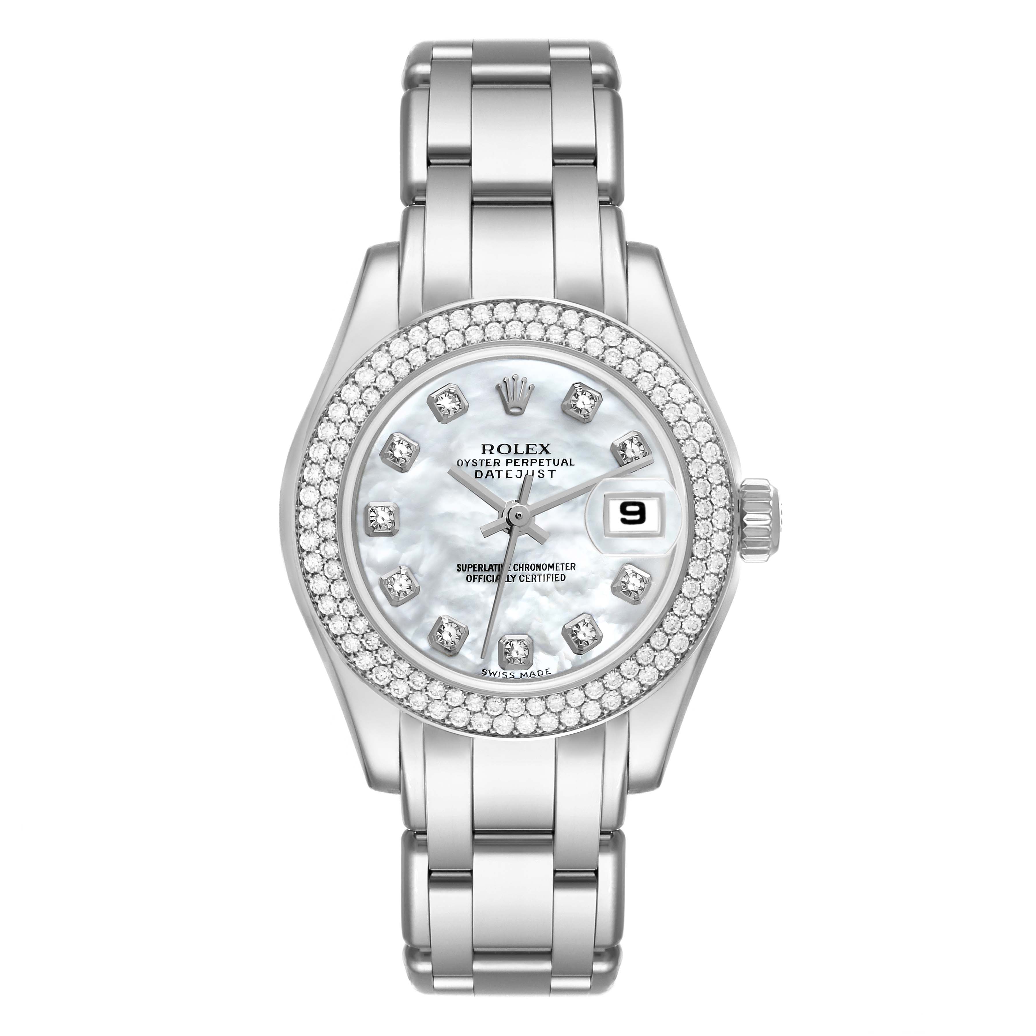 The image shows a front view of a Rolex Pearlmaster 80339 Women's White Gold Mother of Pearl Dial 80339 Women's White Gold Mother of Pearl Dial watch, displaying the face, bezel, and bracelet.