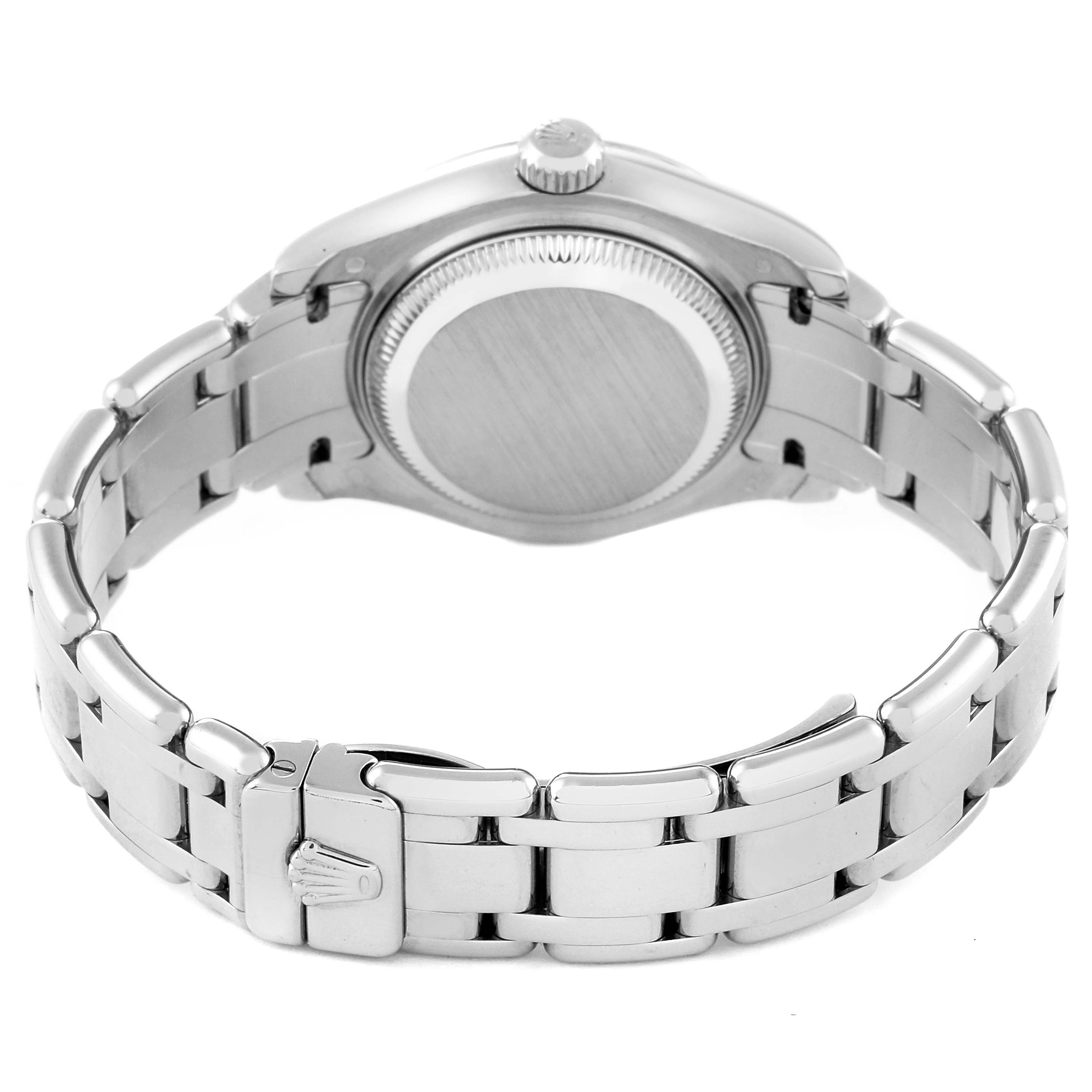 This image shows the back view of the Rolex Pearlmaster 80339 Women's White Gold Mother of Pearl Dial 80339 Women's White Gold Mother of Pearl Dial watch, focusing on its case back, bracelet, and clasp.