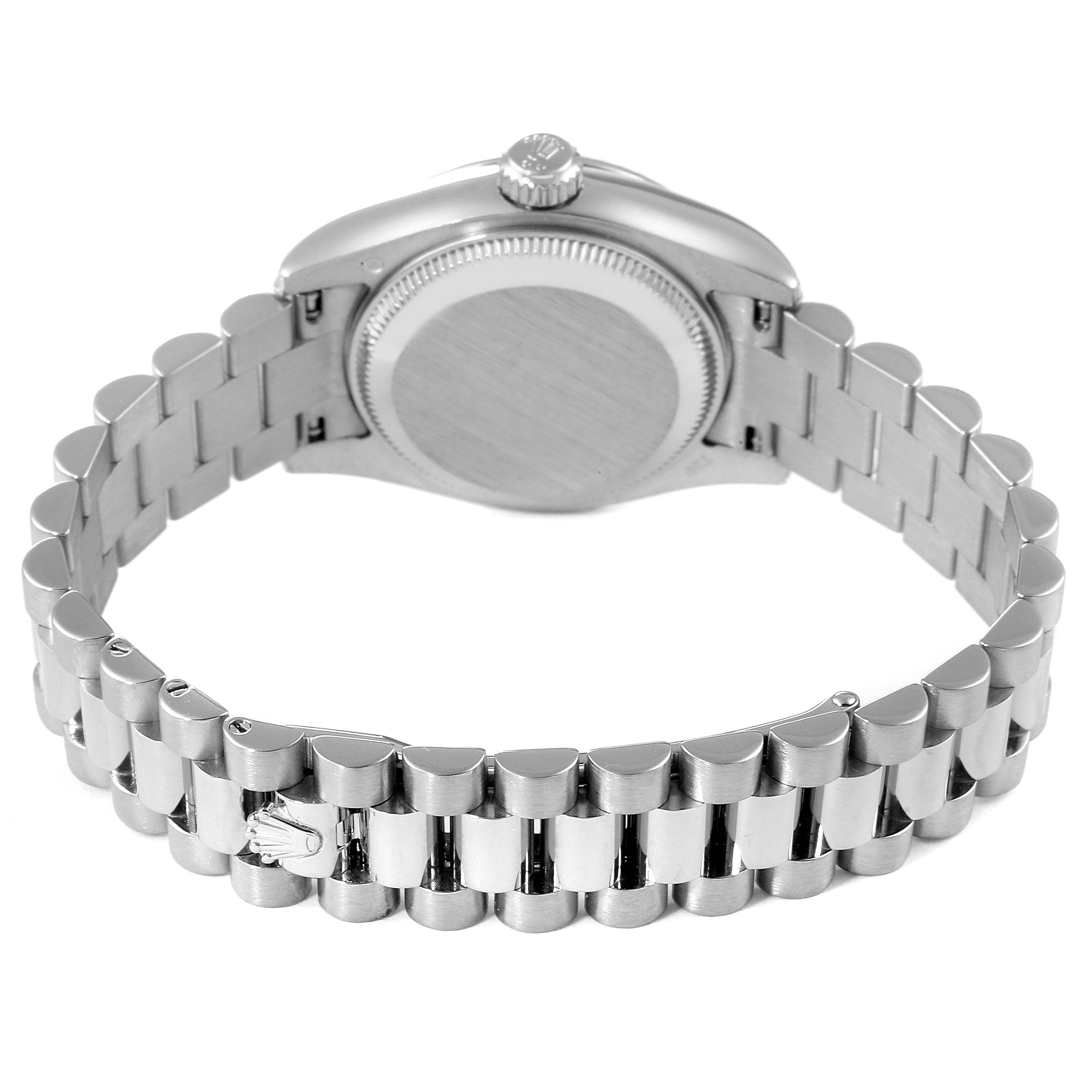 This image shows the back view of the Rolex President 179239 Women's White Gold Mother of Pearl Dial 179239 Women's White Gold Mother of Pearl Dial model watch, highlighting its bracelet and clasp.