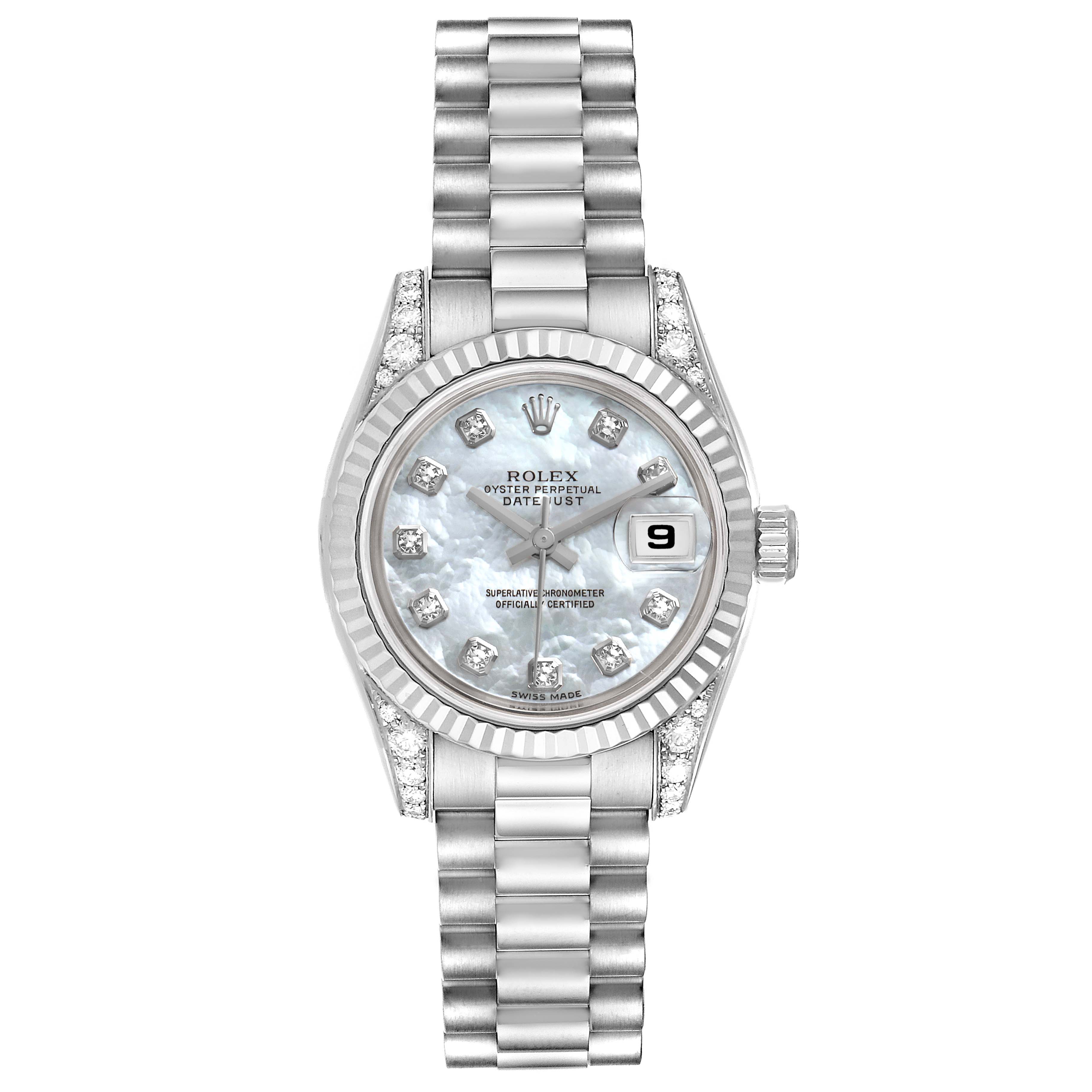 This image shows a Rolex President 179239 Women's White Gold Mother of Pearl Dial 179239 Women's White Gold Mother of Pearl Dial model watch from a top-down view, featuring a diamond-studded bezel and bracelet.