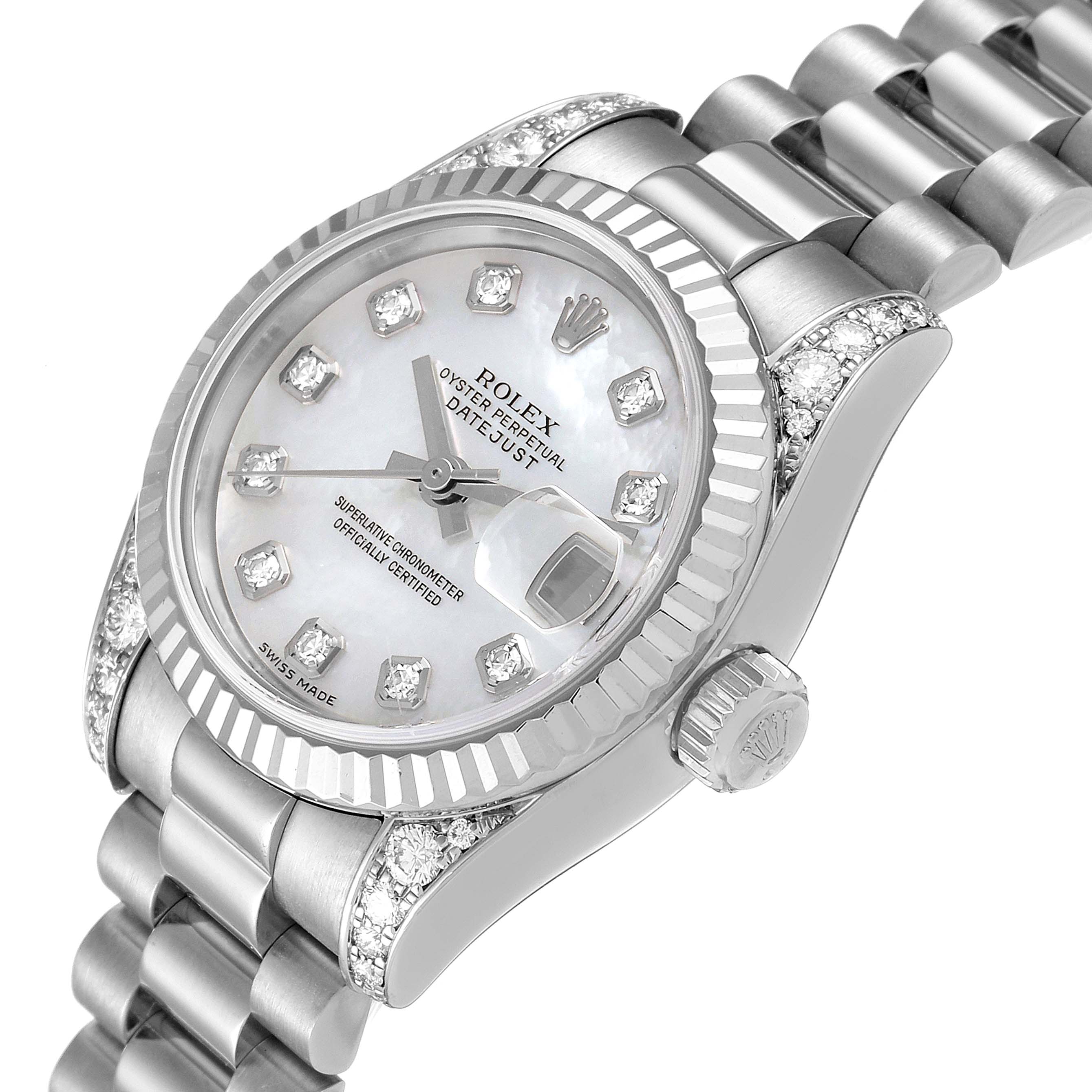 The Rolex President 179239 Women's White Gold Mother of Pearl Dial 179239 Women's White Gold Mother of Pearl Dial model watch is shown in a close-up diagonal angle, highlighting the dial, bezel, crown, and bracelet.