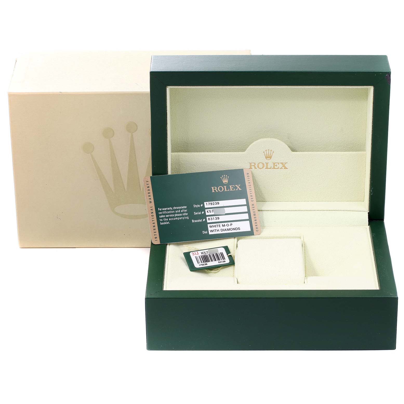 The image shows the box and warranty card of a Rolex President 179239 Women's White Gold Mother of Pearl Dial 179239 Women's White Gold Mother of Pearl Dial model watch.