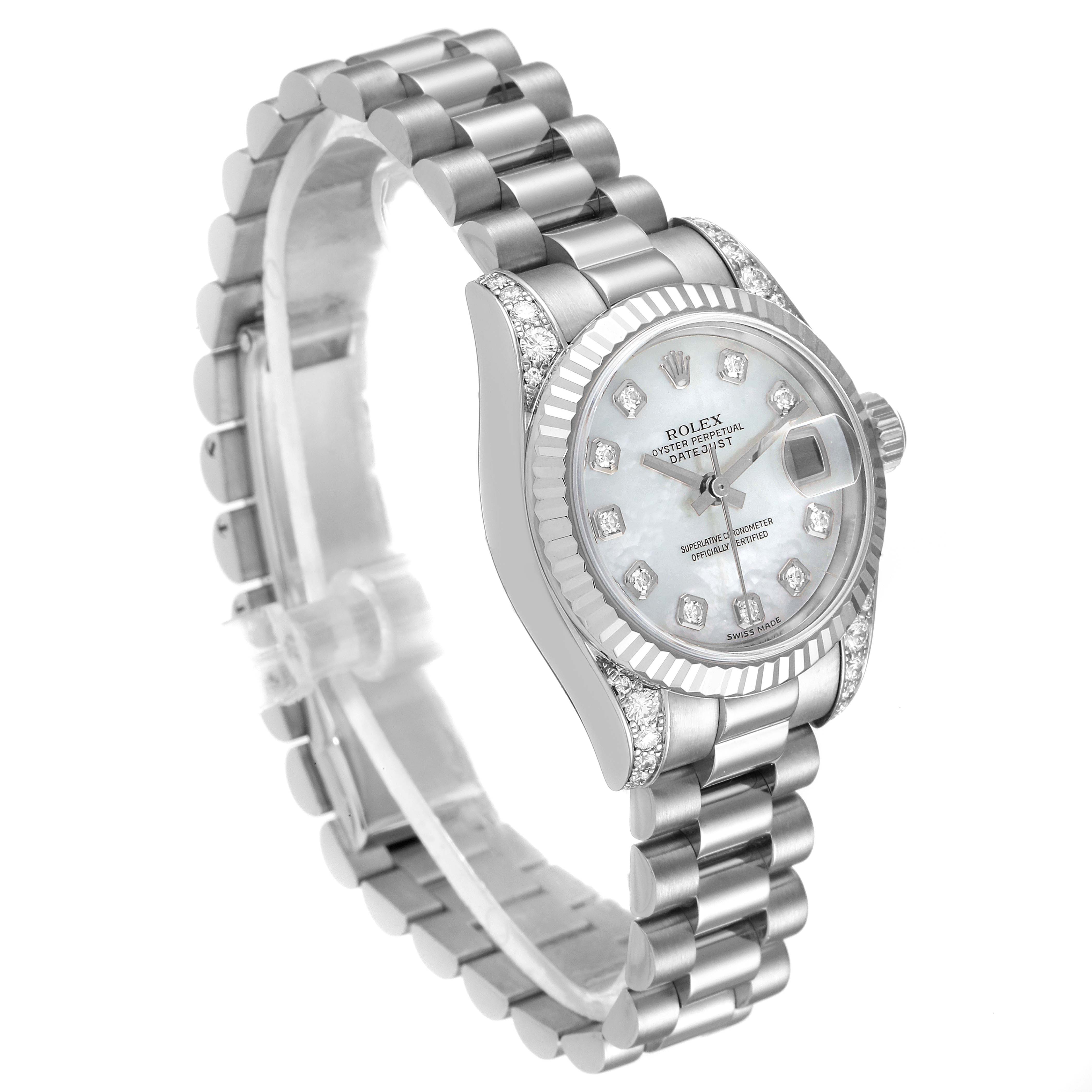 The Rolex President 179239 Women's White Gold Mother of Pearl Dial 179239 Women's White Gold Mother of Pearl Dial model watch is shown at a three-quarter angle, displaying its bracelet, case, bezel, and dial.