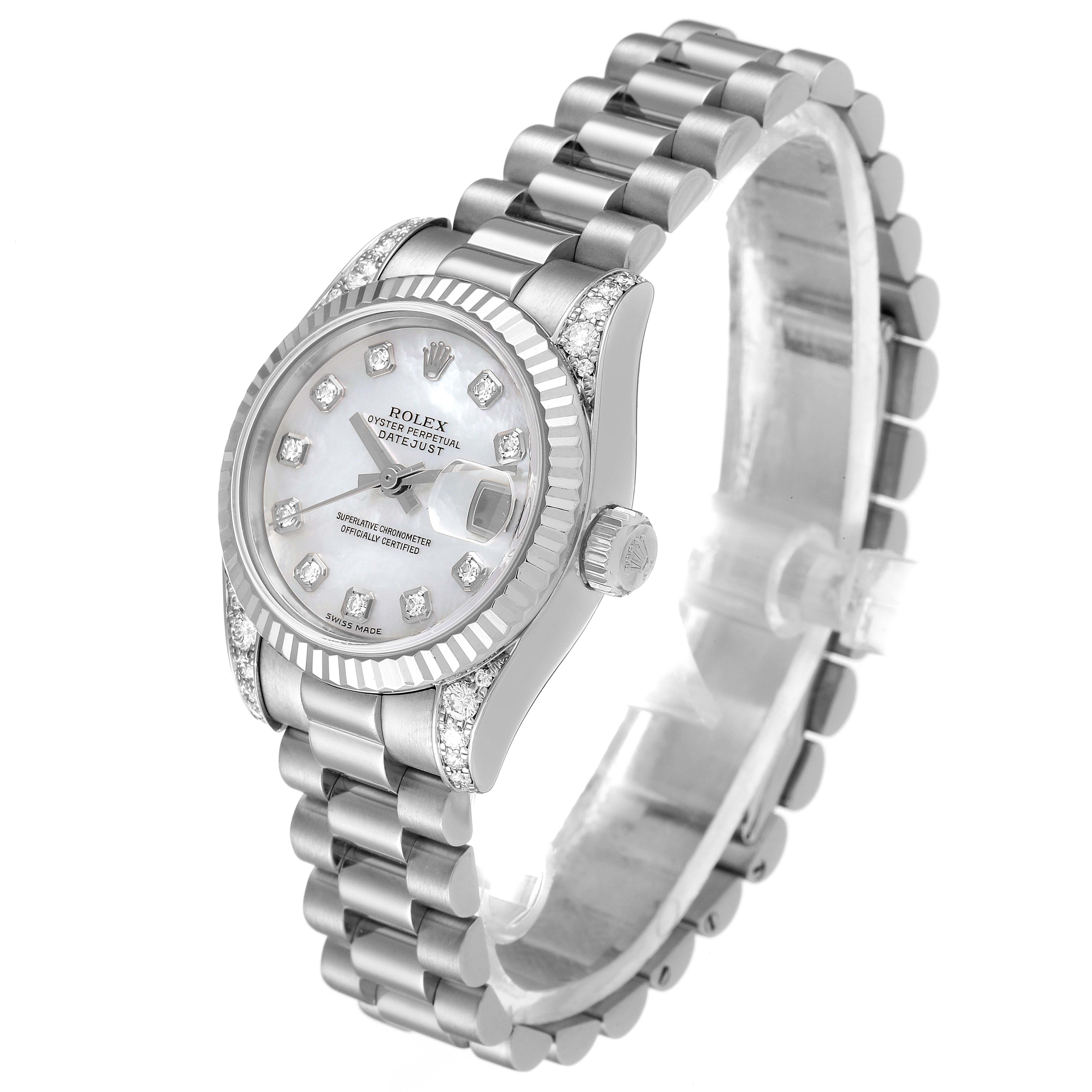 This image shows a President model Rolex watch from a three-quarter angle, highlighting the bracelet, dial, bezel, and crown.