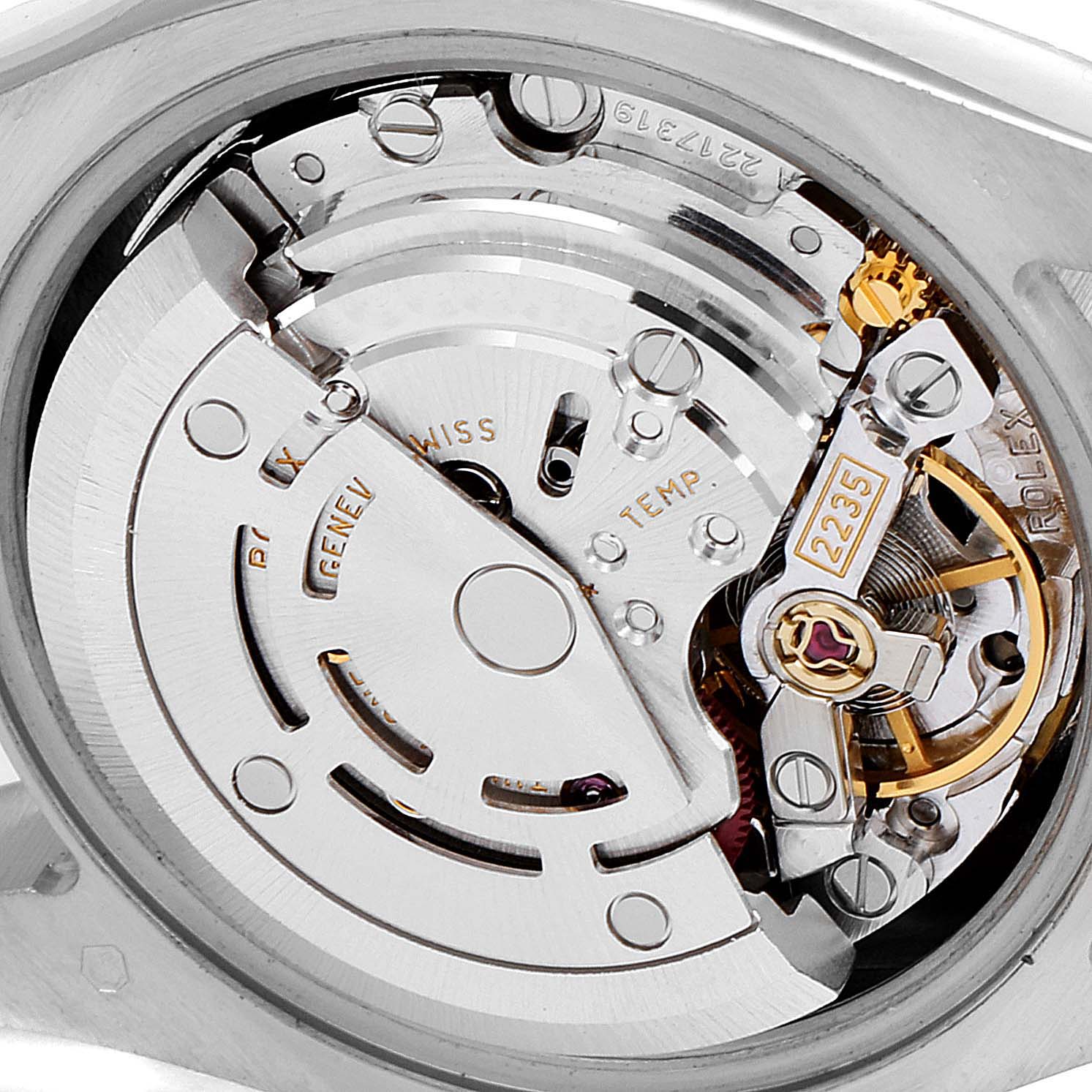 The image shows a close-up view of the internal mechanism of a Rolex President 179239 Women's White Gold Mother of Pearl Dial 179239 Women's White Gold Mother of Pearl Dial model watch.