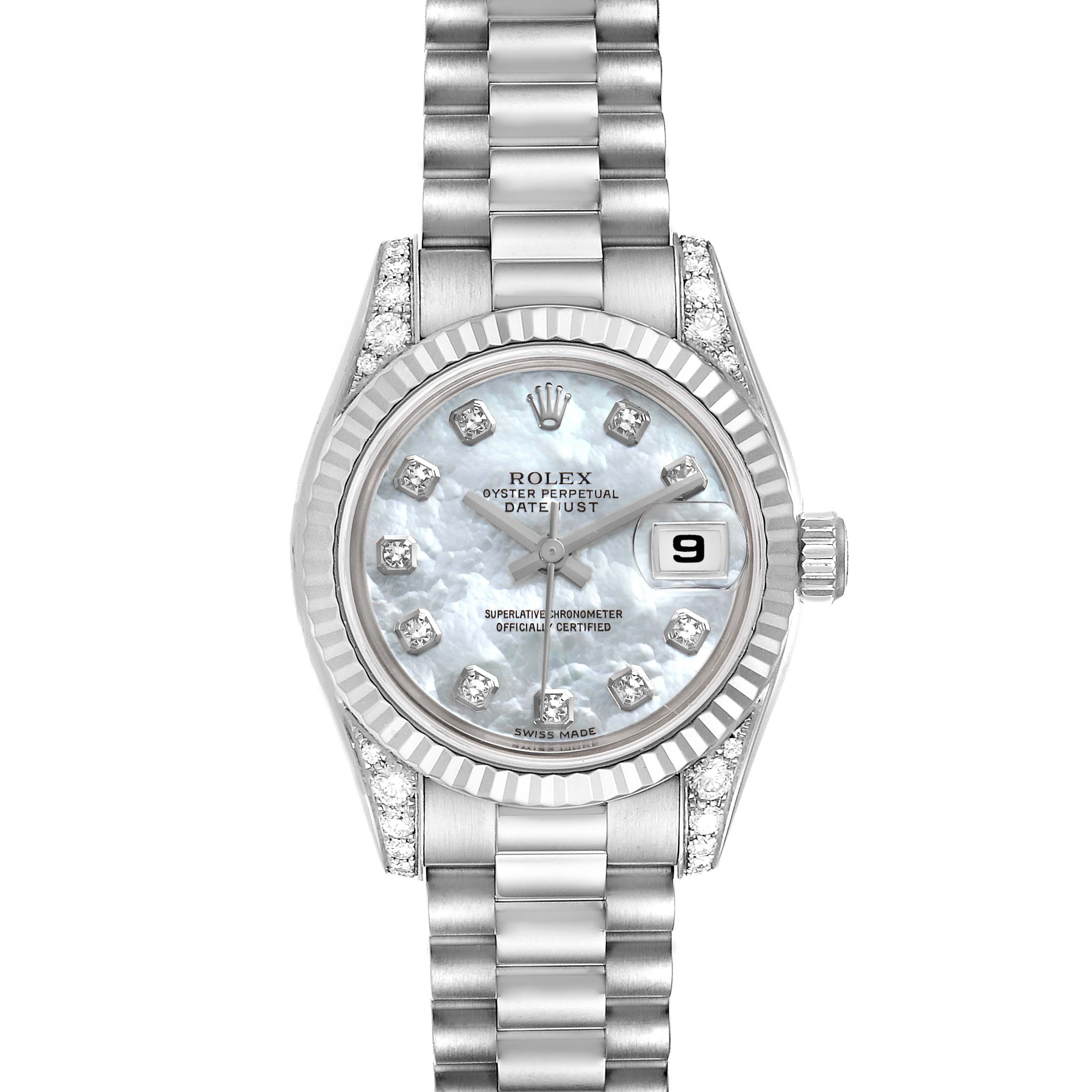 The image shows a frontal view of the Rolex President 179239 Women's White Gold Mother of Pearl Dial 179239 Women's White Gold Mother of Pearl Dial model watch, featuring the dial, bezel, crown, and bracelet.