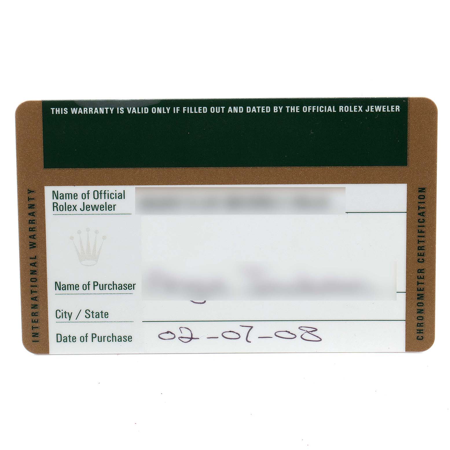 This image shows an International Warranty card for a Rolex President 179239 Women's White Gold Mother of Pearl Dial 179239 Women's White Gold Mother of Pearl Dial model watch.